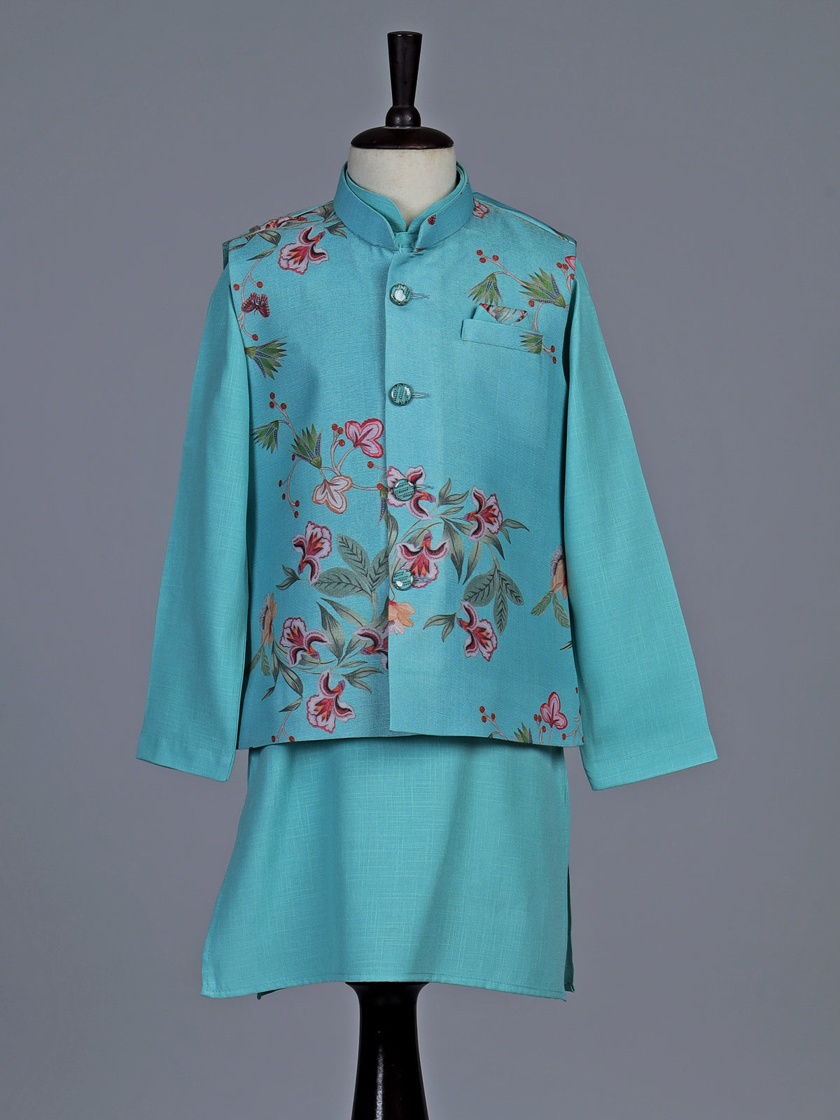 Aqua floral printed silk blend festive waistcoat set