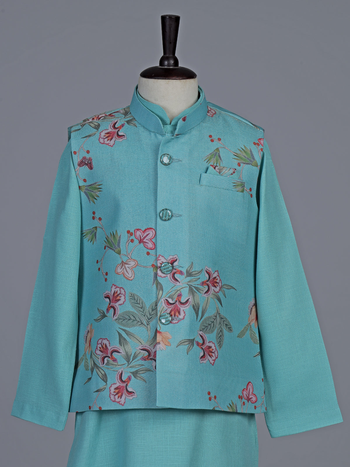Aqua floral printed silk blend festive waistcoat set