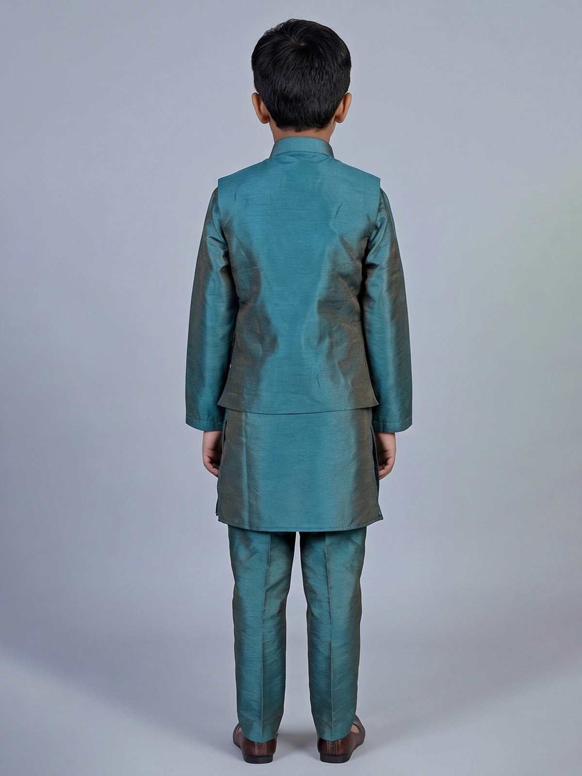 Peacock green deer motif silk blend waistcoat set