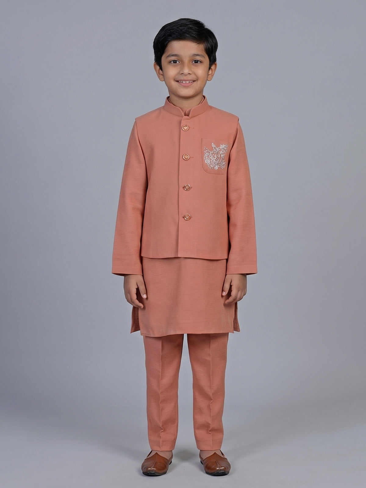 Peach embellished cotton blend festive waistcoat set for boys