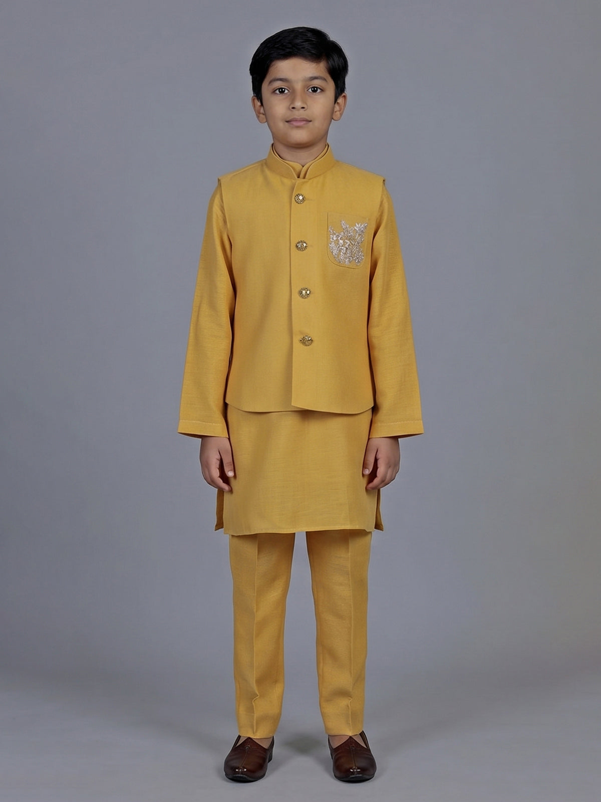 Mustard yellow embellished festive waistcoat set for boys