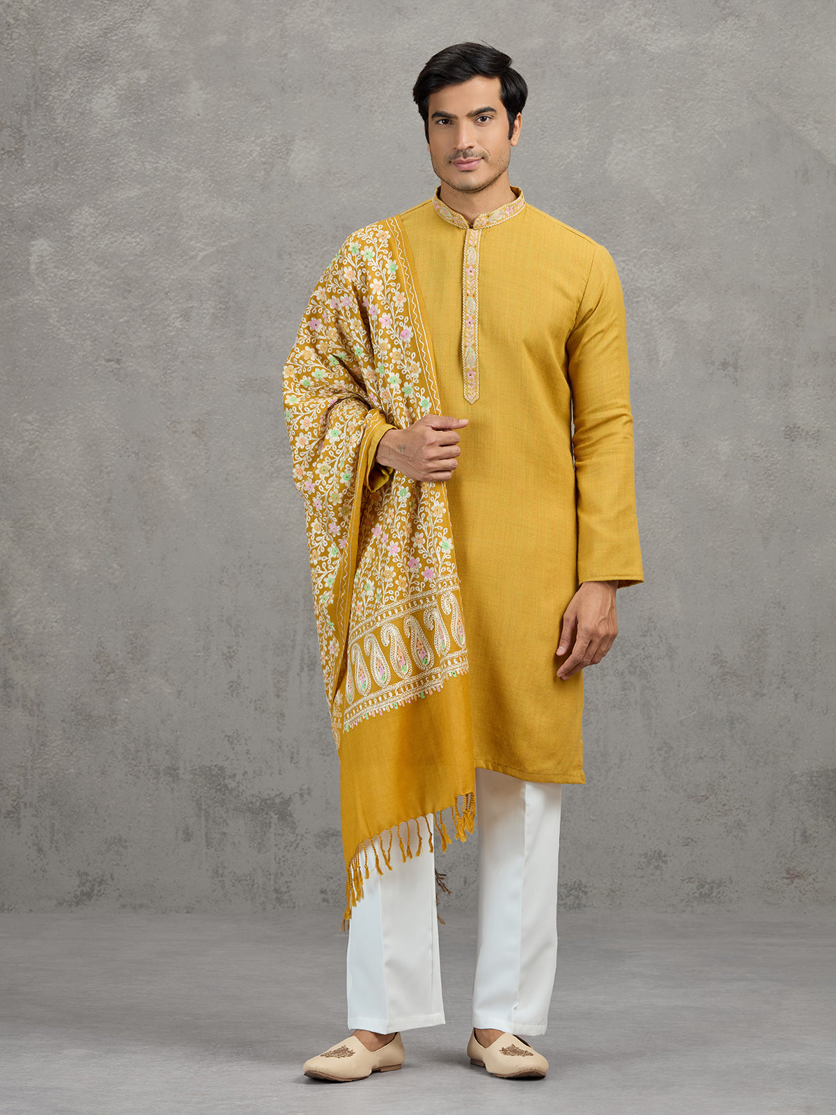 Mustard yellow pashmina silk festive kurta suit with dupatta