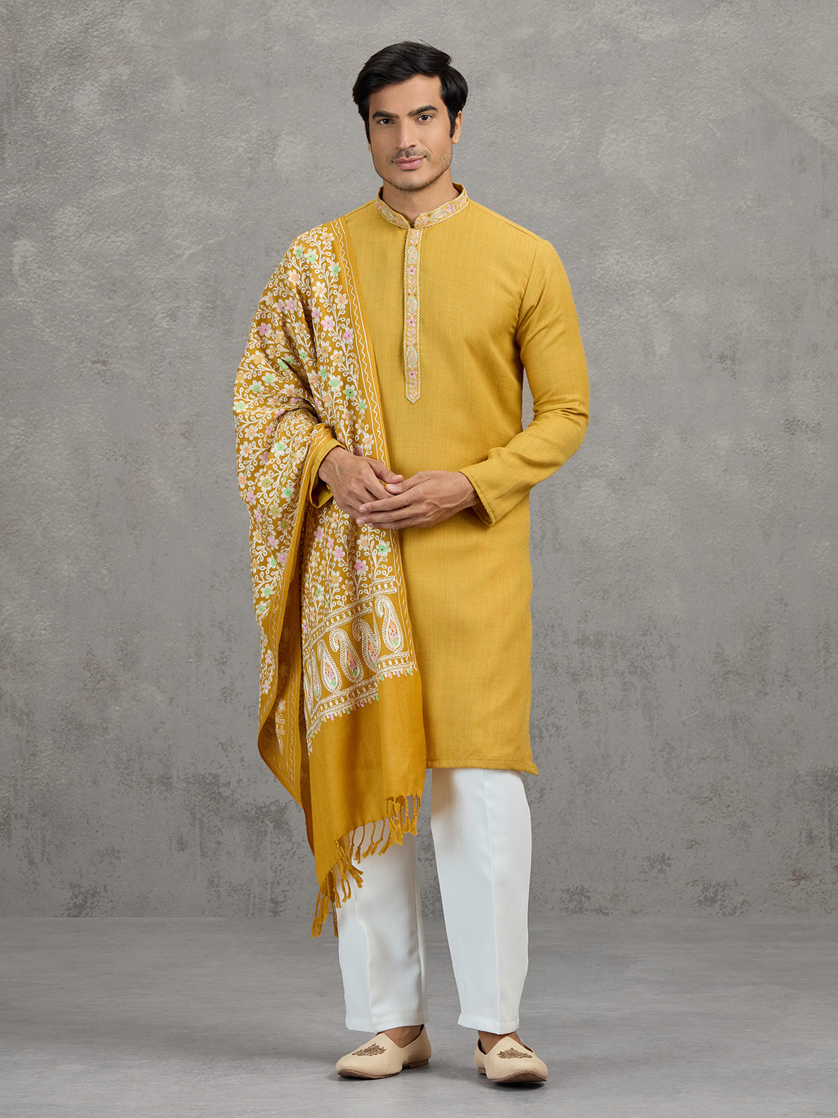 Mustard yellow pashmina silk festive kurta suit with dupatta