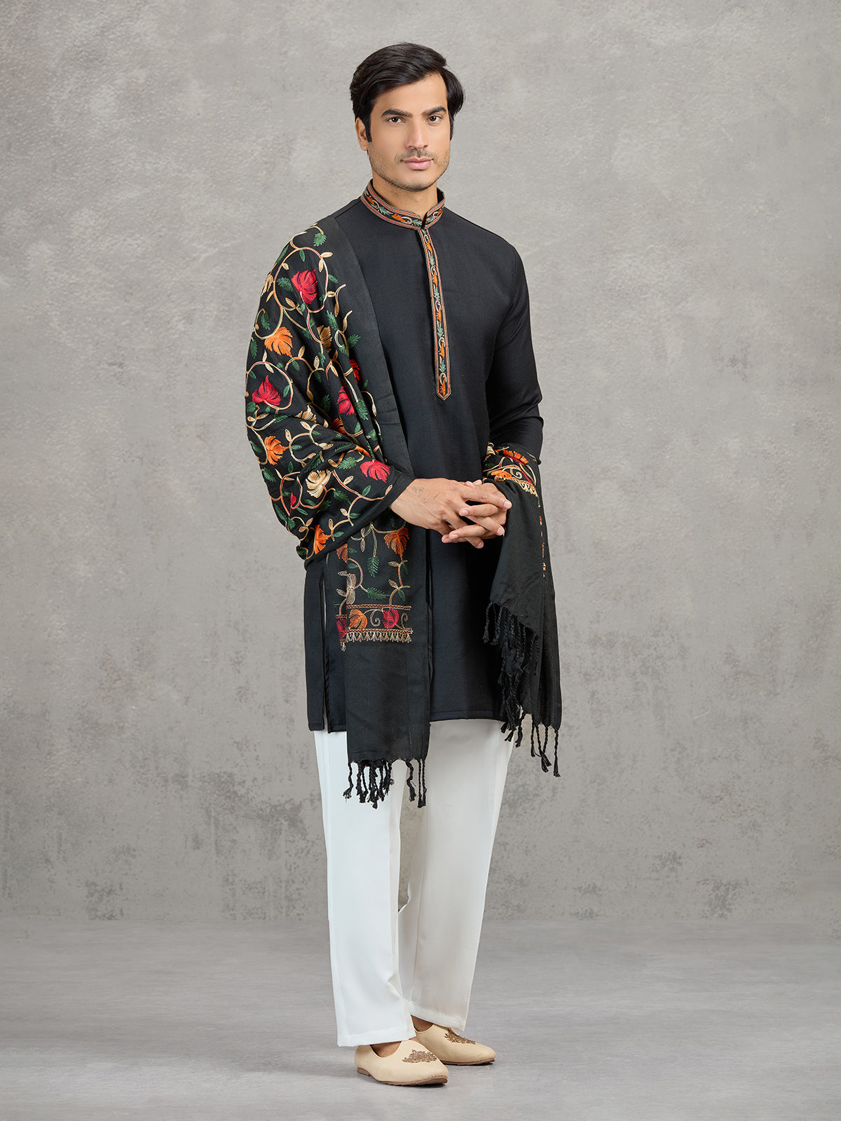 Black pashmina silk embroidered festive kurta suit with dupatta