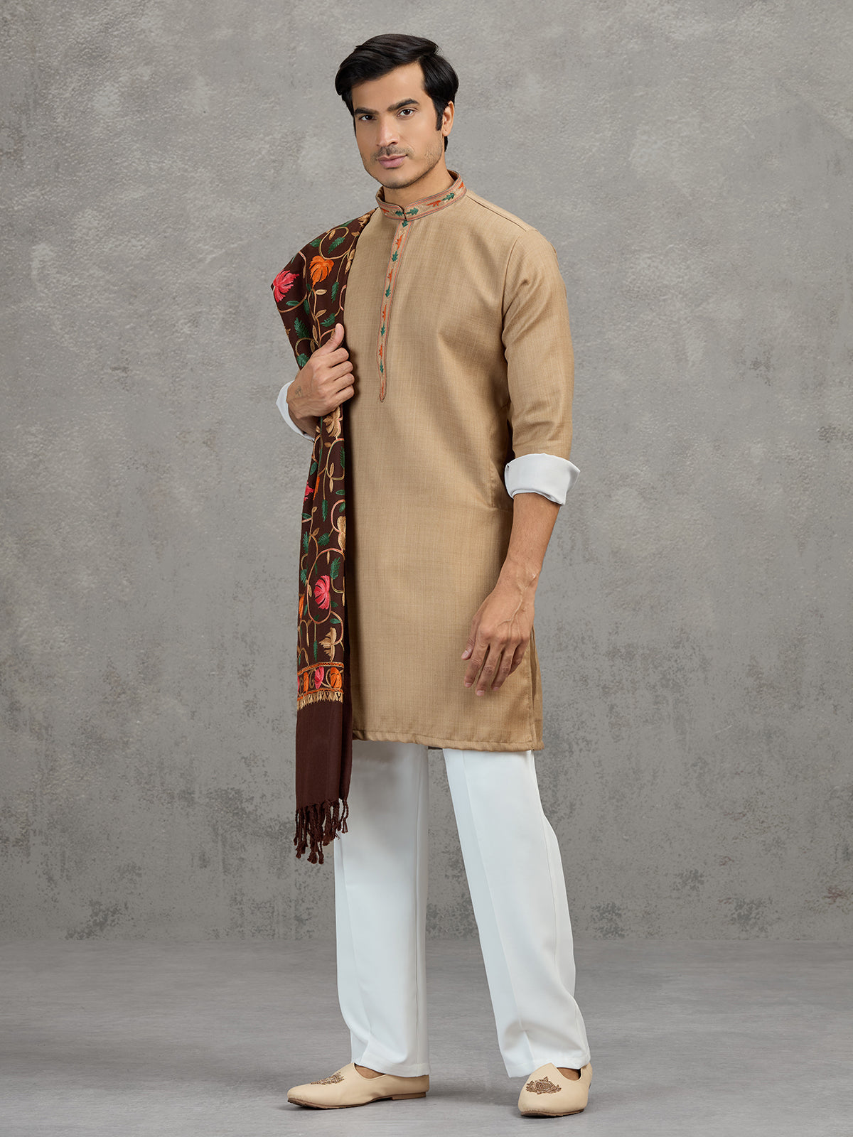 Beige pashmina silk elegant festive kurta suit with dupatta