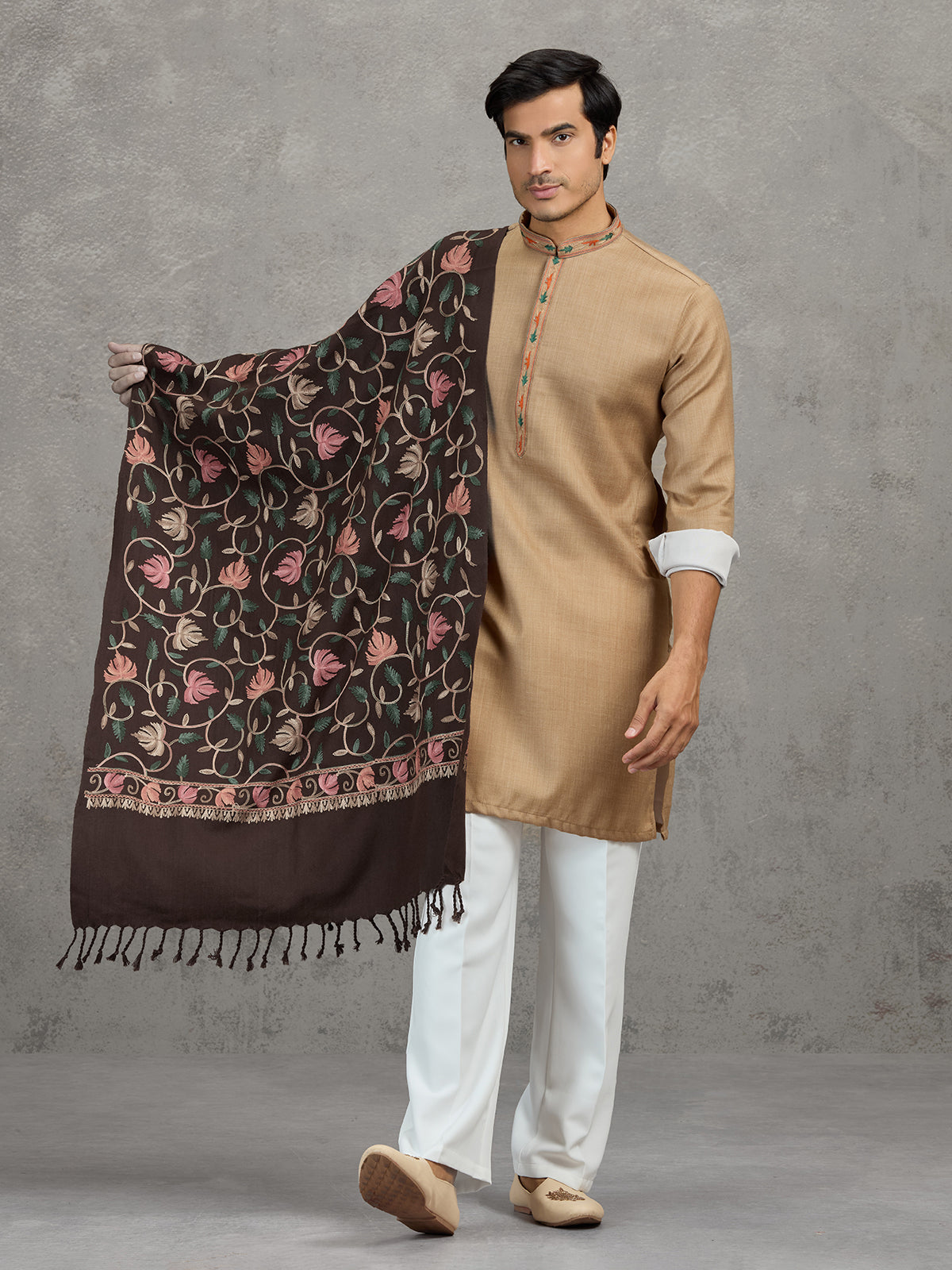 Beige pashmina silk elegant festive kurta suit with dupatta