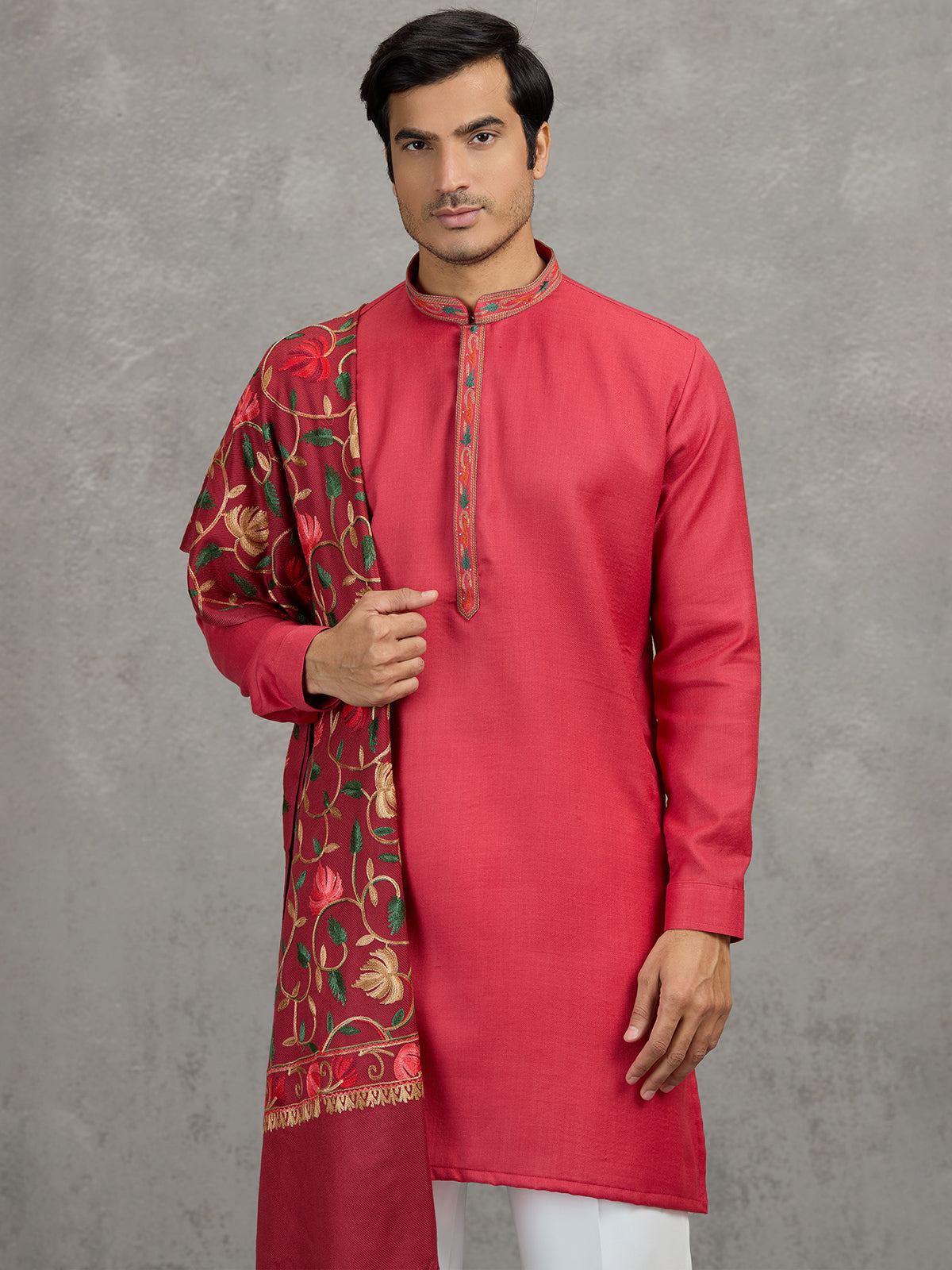 Pink pashmina silk festive embroidered kurta suit with dupatta