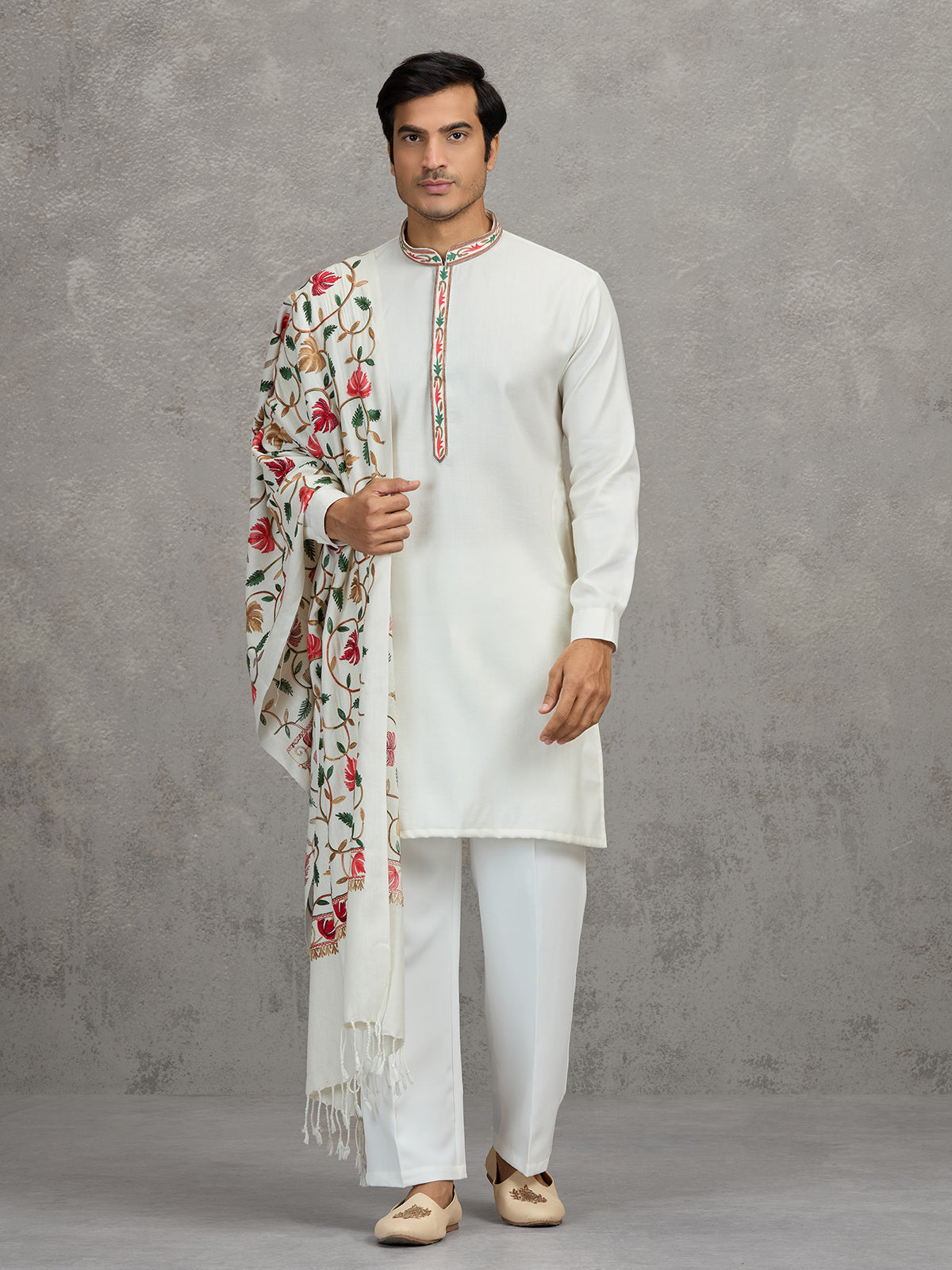 White pashmina silk traditional festive kurta suit with dupatta