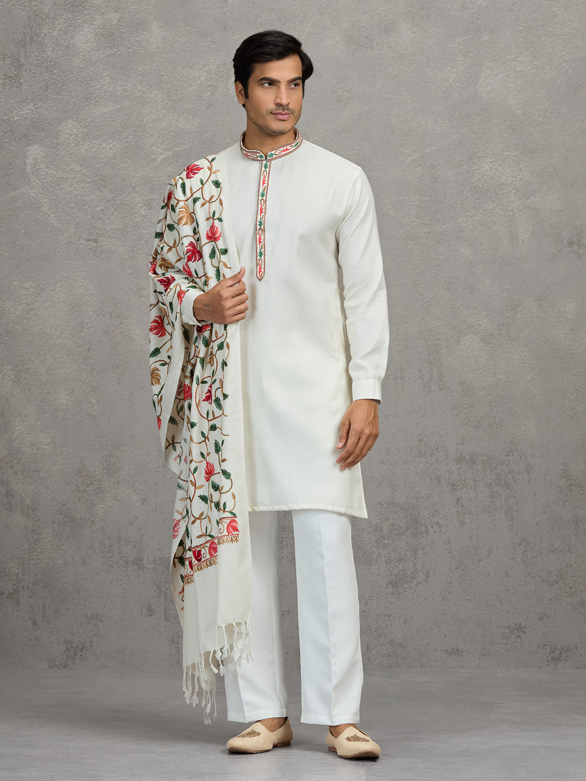 White pashmina silk traditional festive kurta suit with dupatta