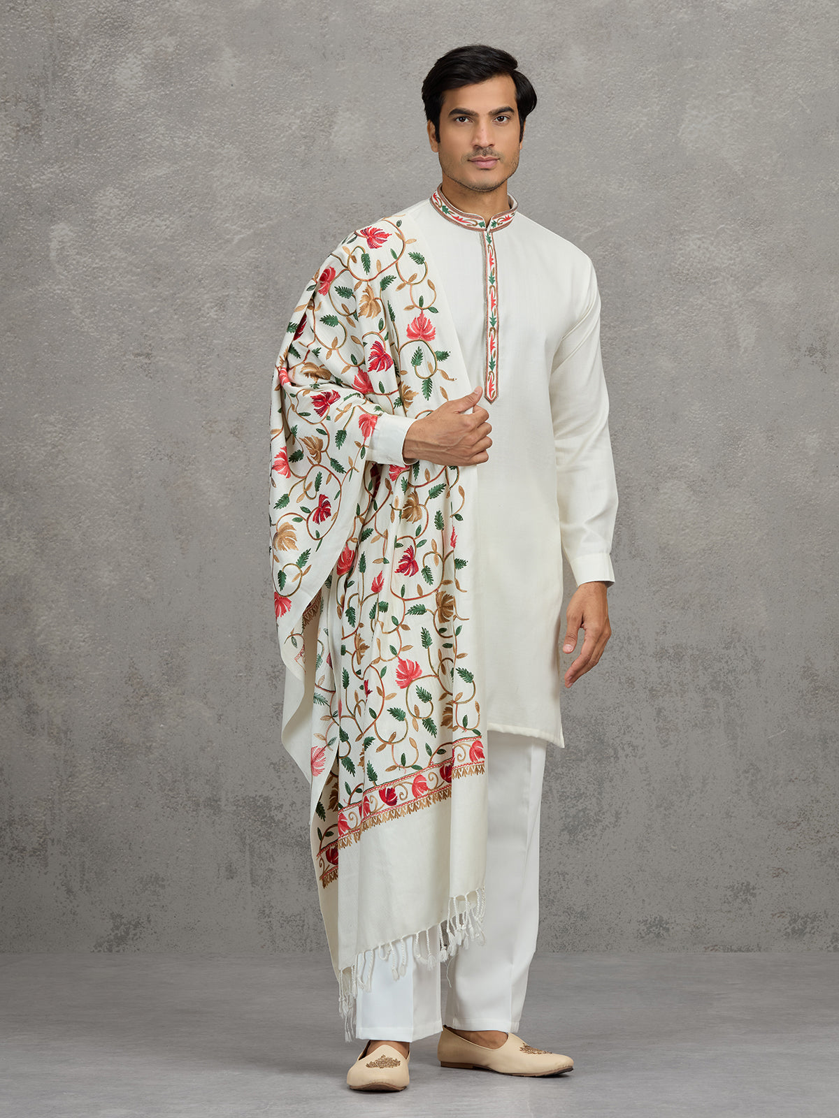 White pashmina silk traditional festive kurta suit with dupatta