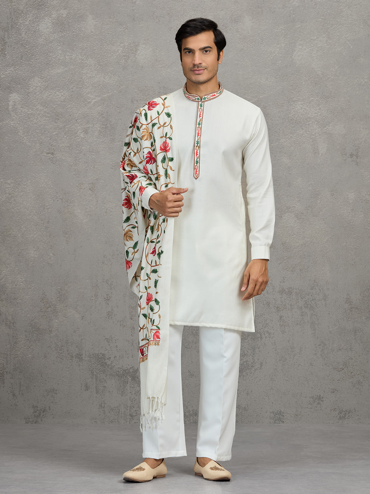 White pashmina silk traditional festive kurta suit with dupatta