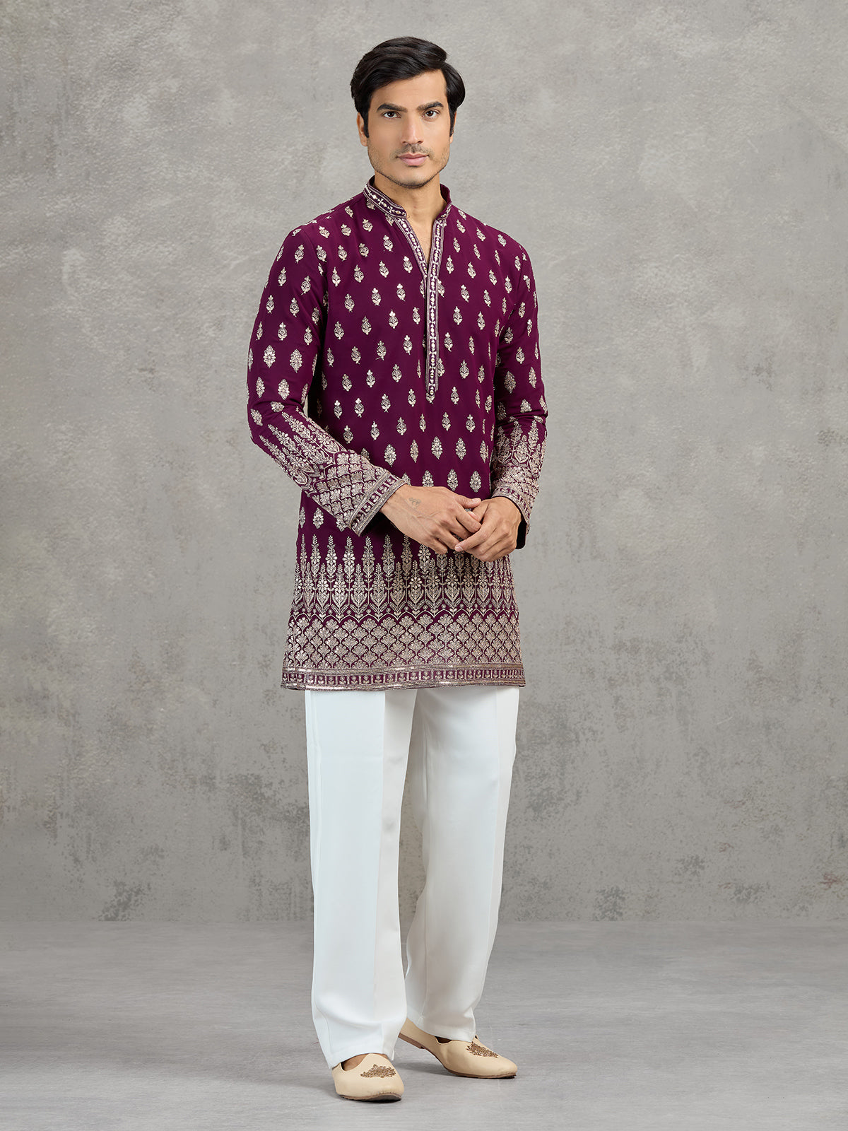 Wine georgette embroidered festive kurta suit
