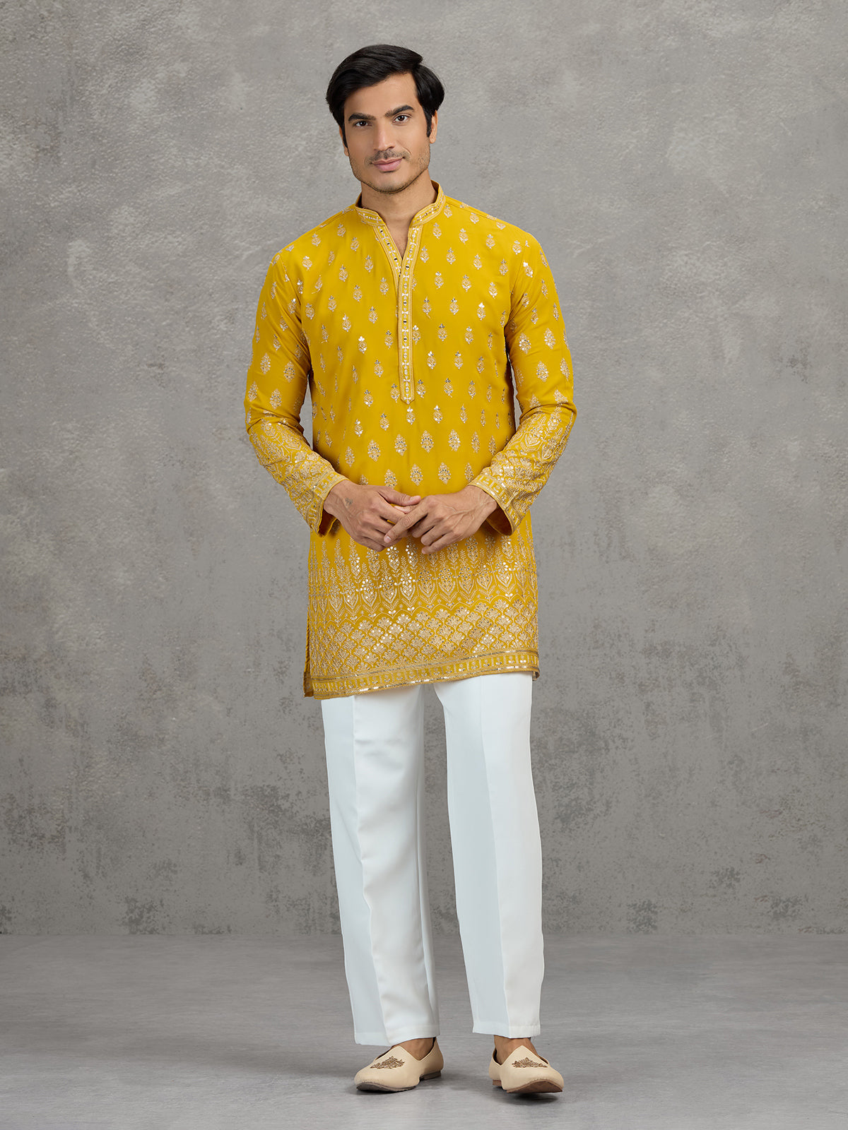 Yellow georgette embroidered haldi festive kurta suit