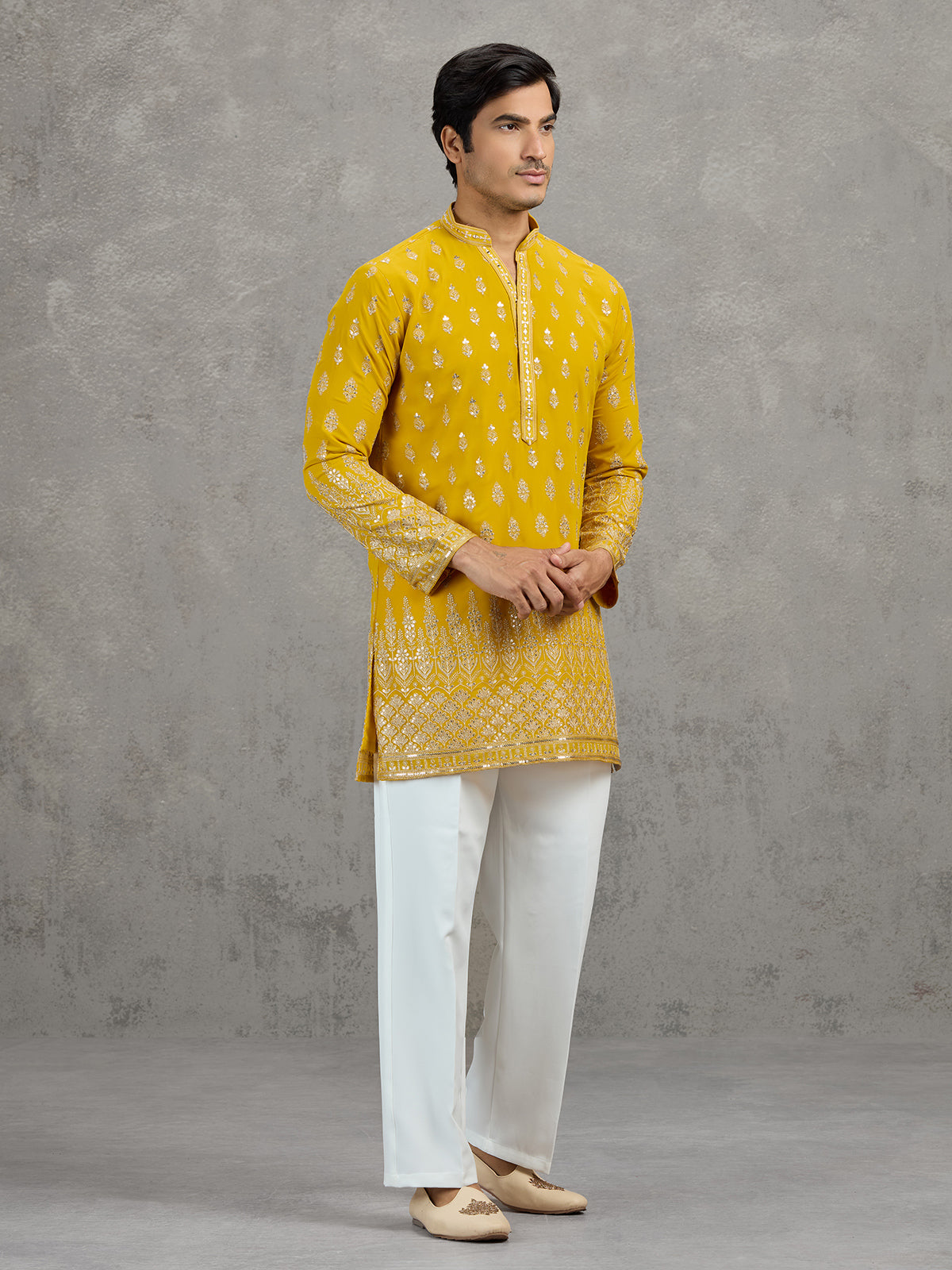 Yellow georgette embroidered haldi festive kurta suit