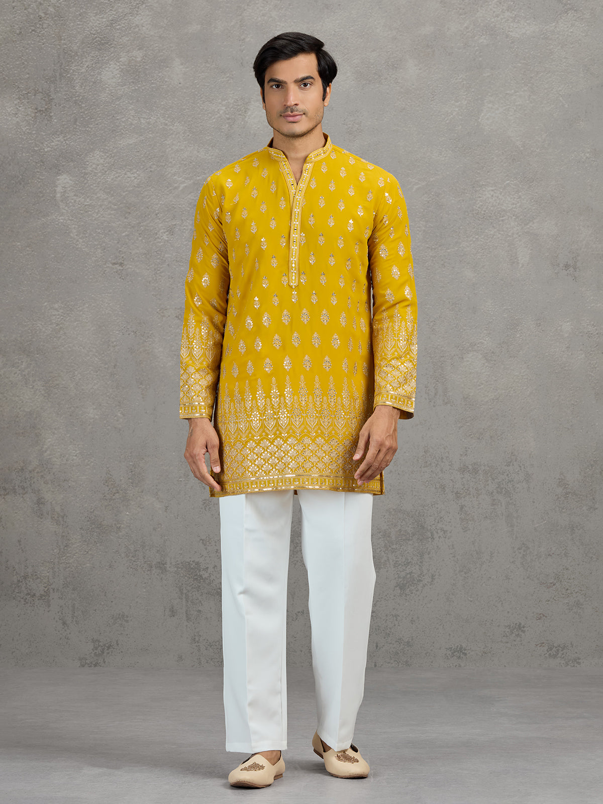Yellow georgette embroidered haldi festive kurta suit
