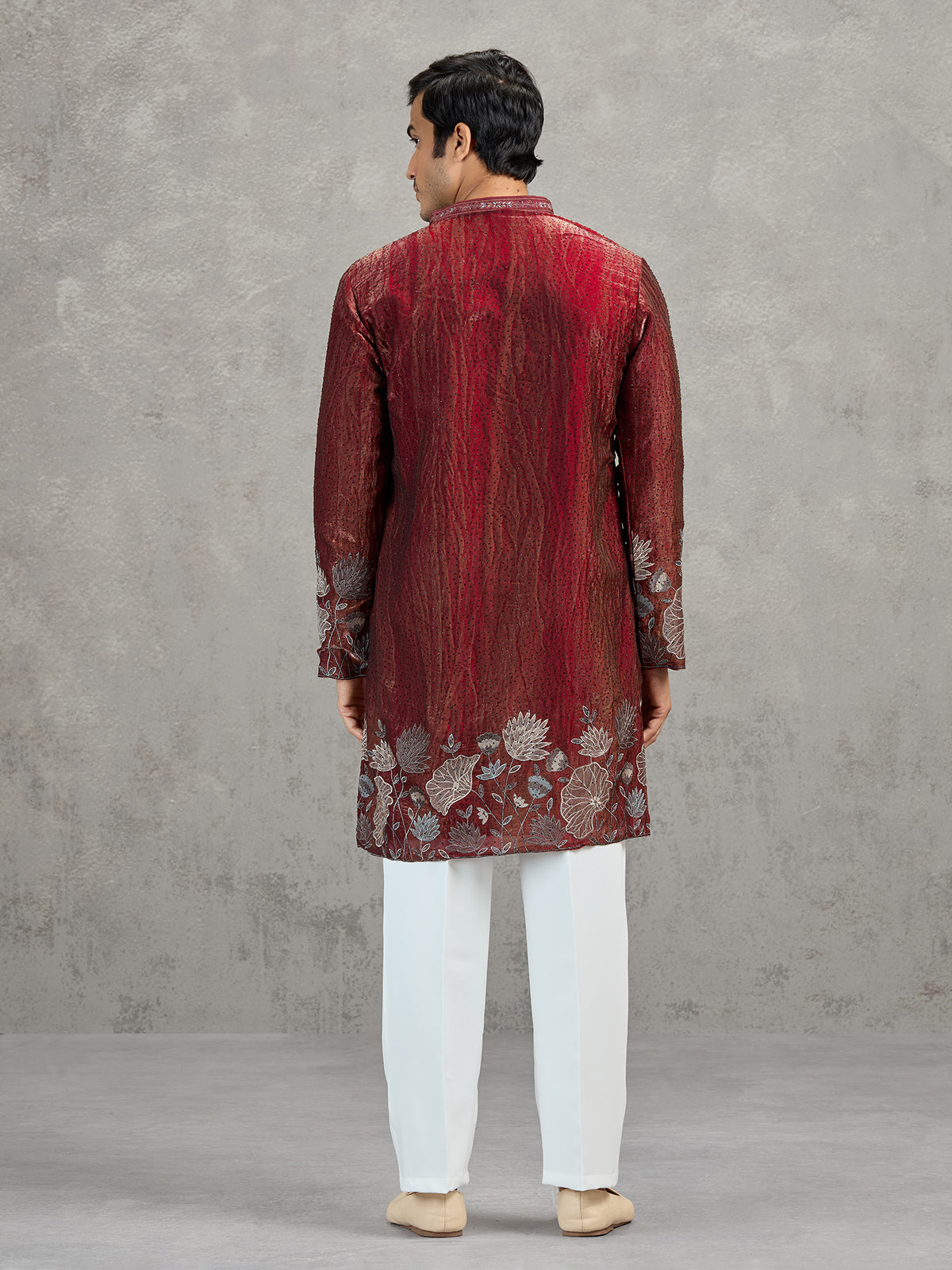 Maroon silk blend embroidered wedding kurta suit