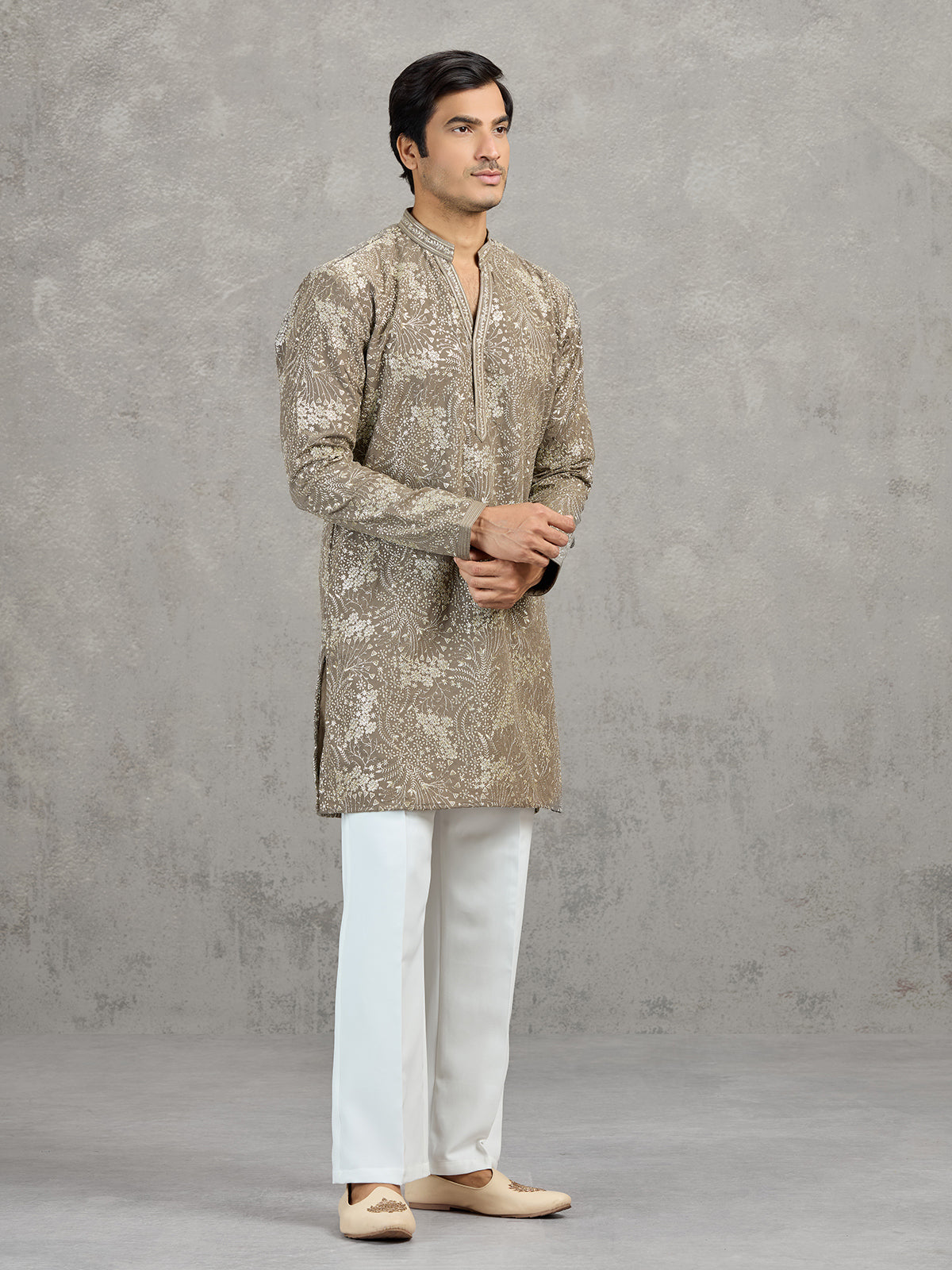 Dusty olive Korean silk embroidered festive kurta suit