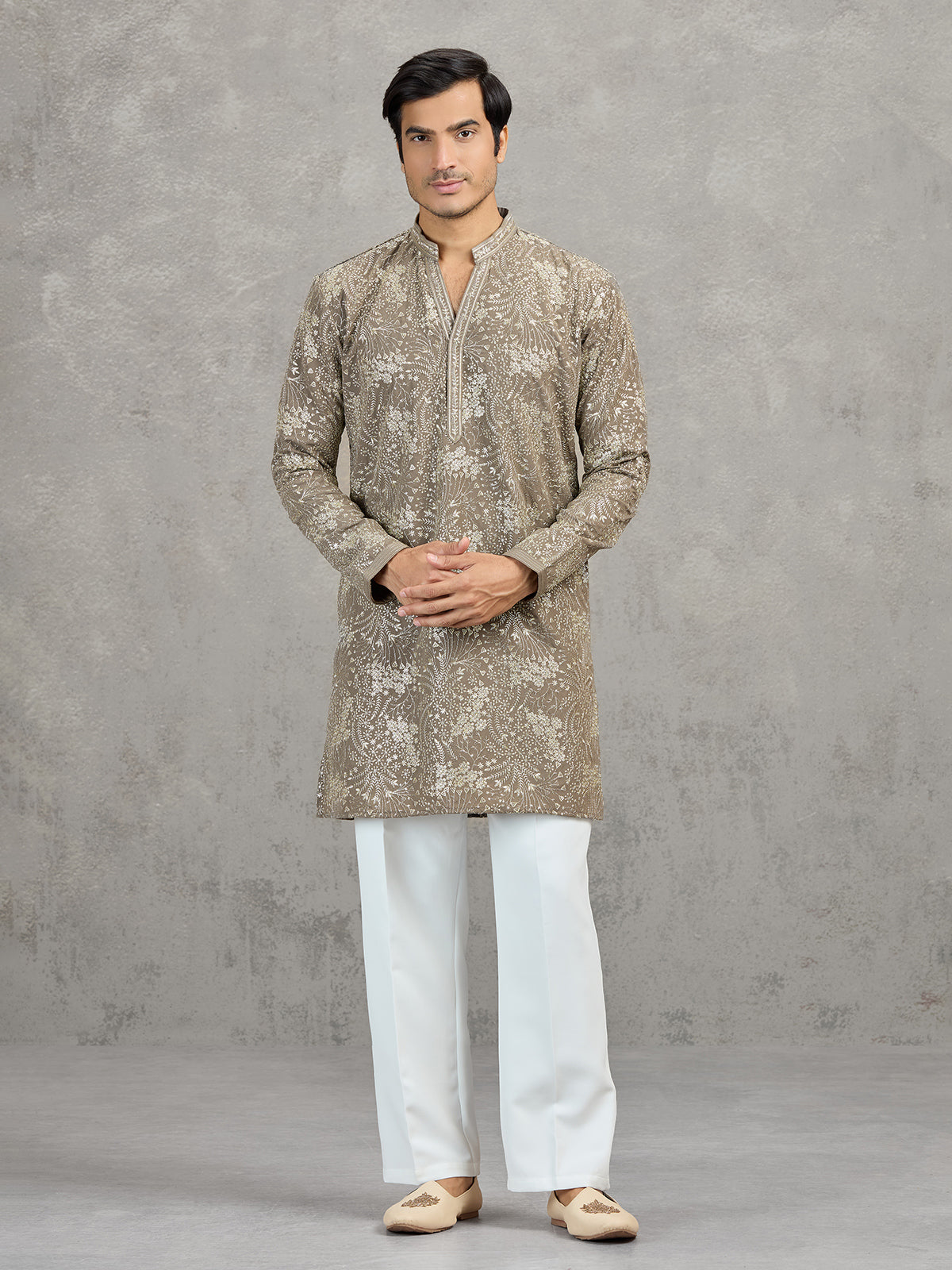 Dusty olive Korean silk embroidered festive kurta suit