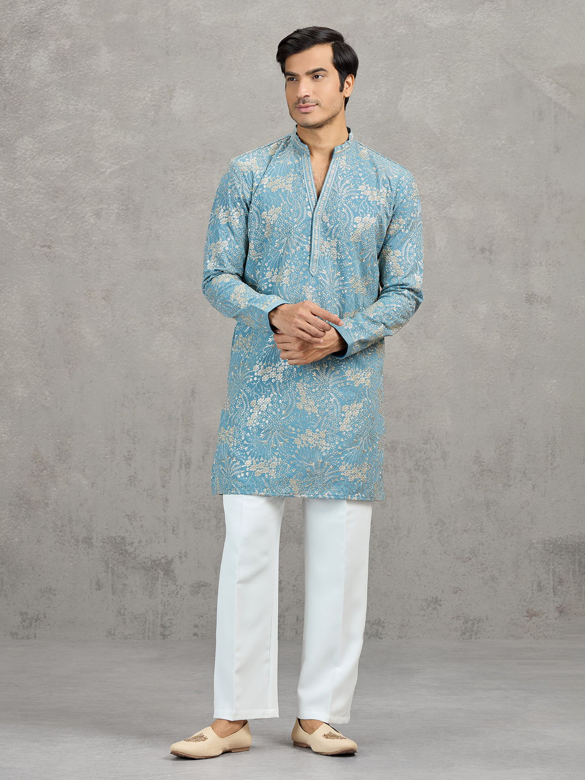 Sky blue korean silk embroidered festive kurta suit