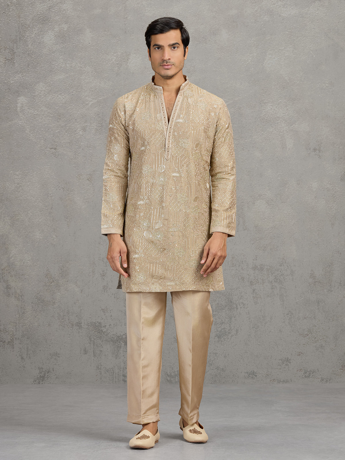 Gold tissue silk embroidered festive kurta suit