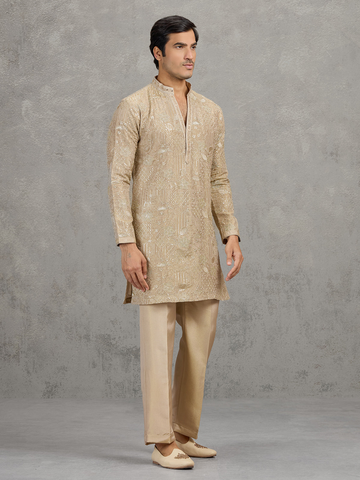 Gold tissue silk embroidered festive kurta suit