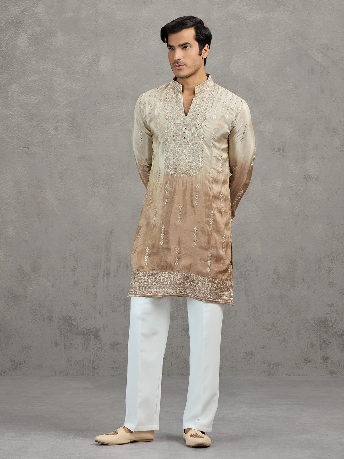 Beige brown shaded tissue embroidered festive kurta suit