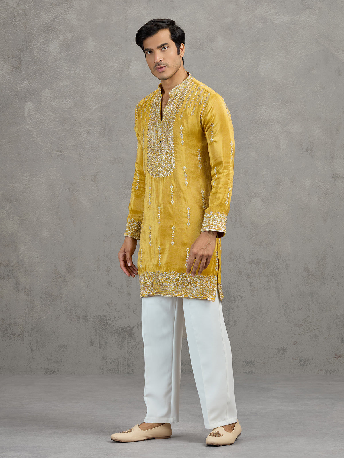 Mustard yellow shaded tissue embroidered haldi kurta suit