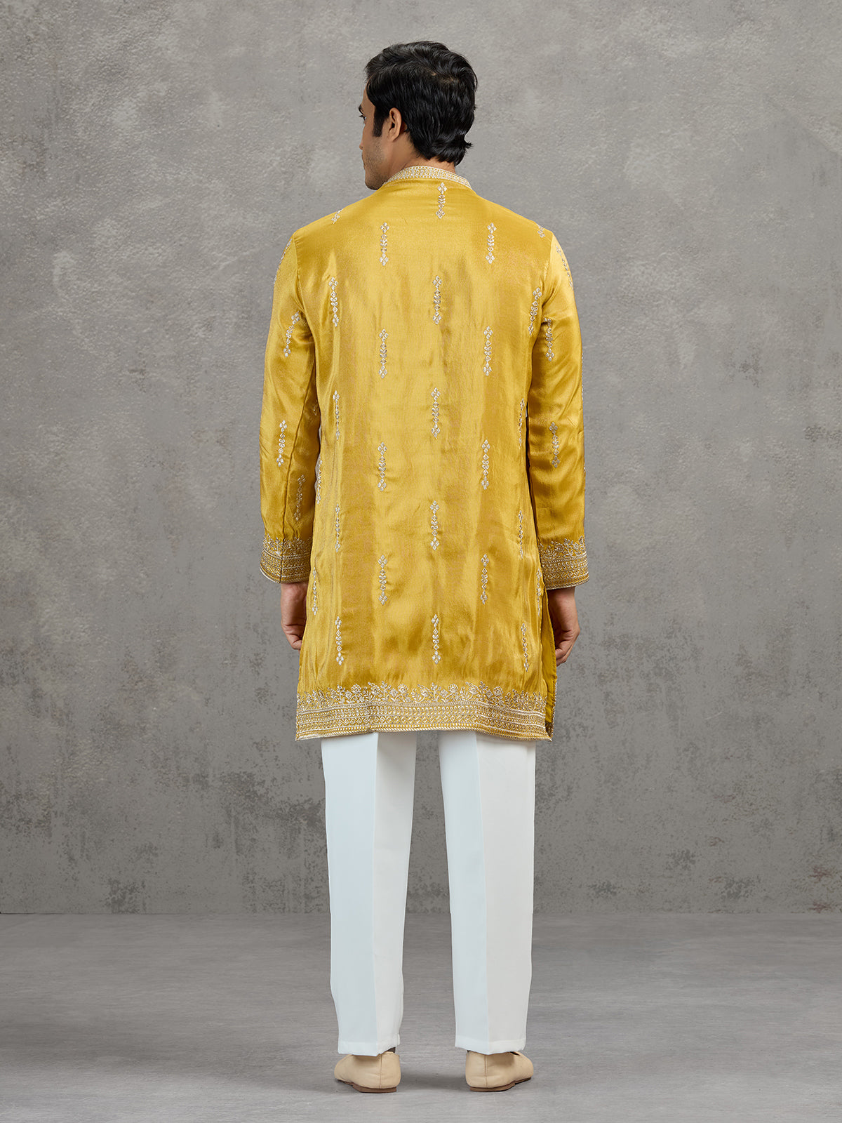 Mustard yellow shaded tissue embroidered haldi kurta suit