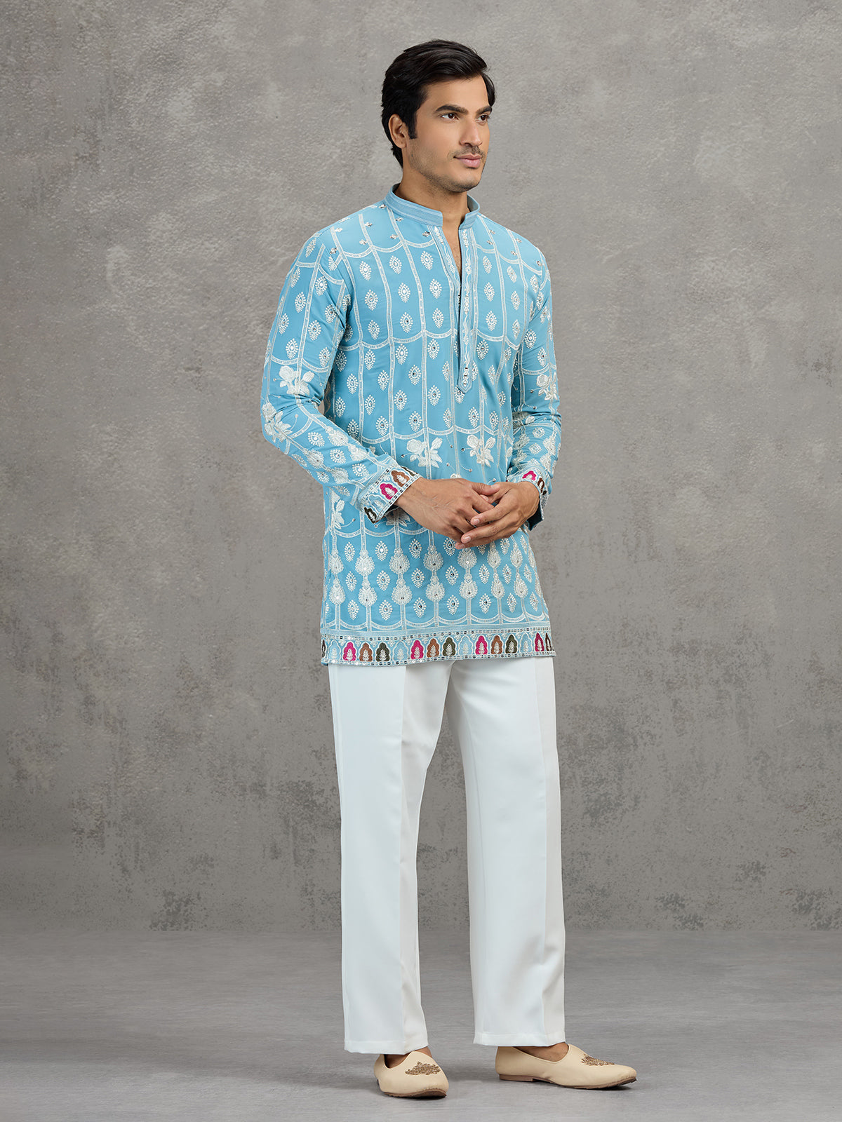 Sky blue short silk embroidered festive kurta suit