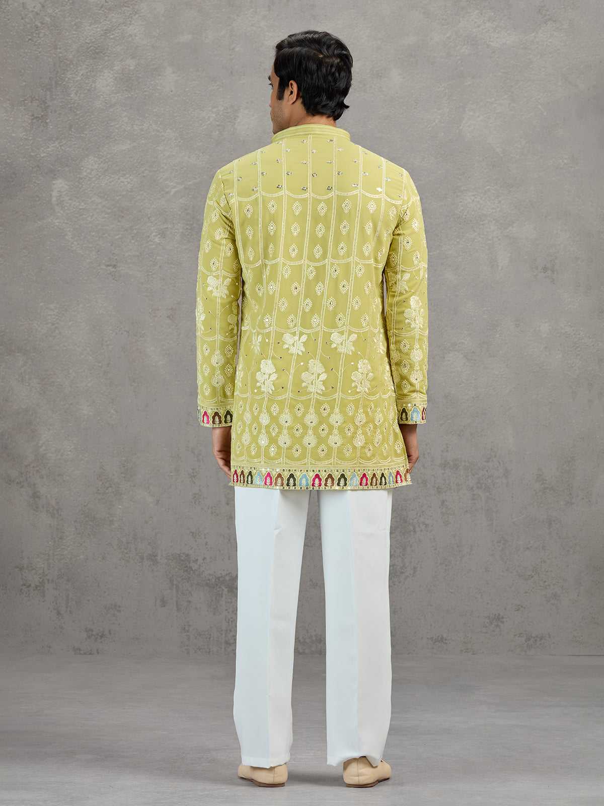 Pista green short silk embroidered festive kurta suit