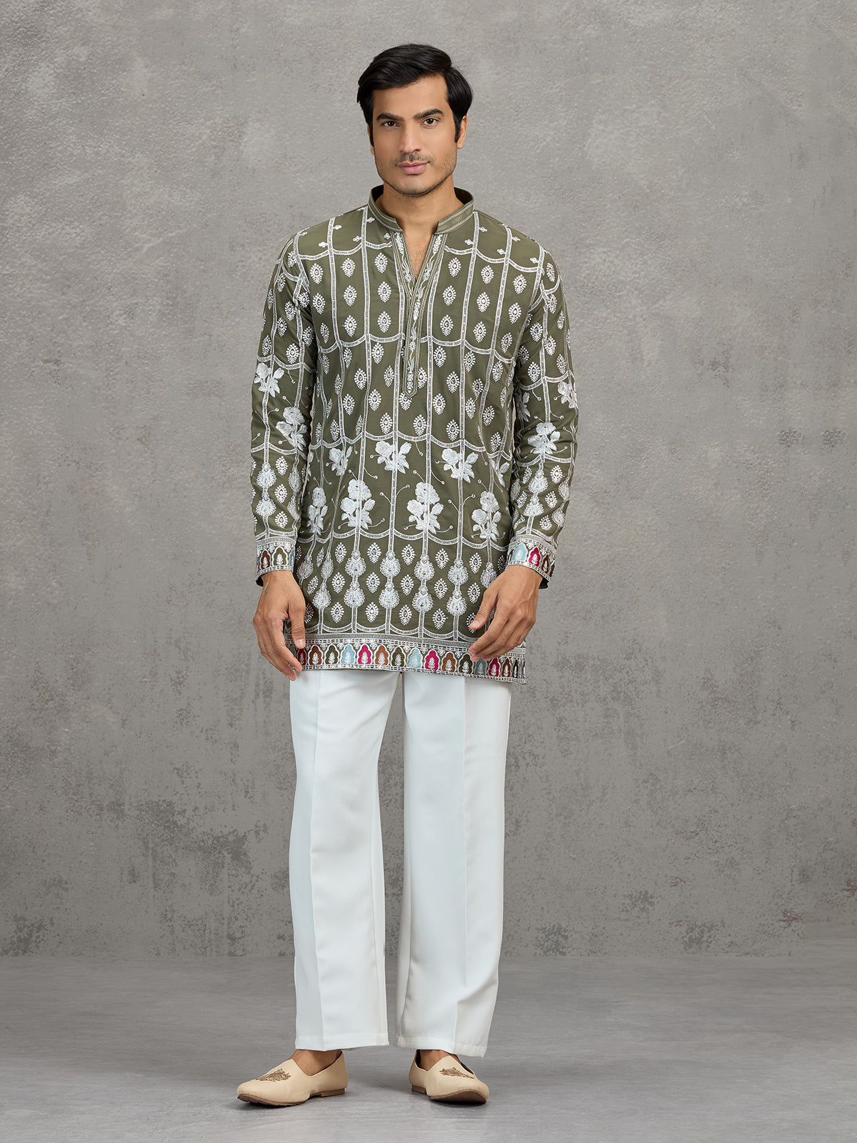Olive short silk embroidered festive kurta suit