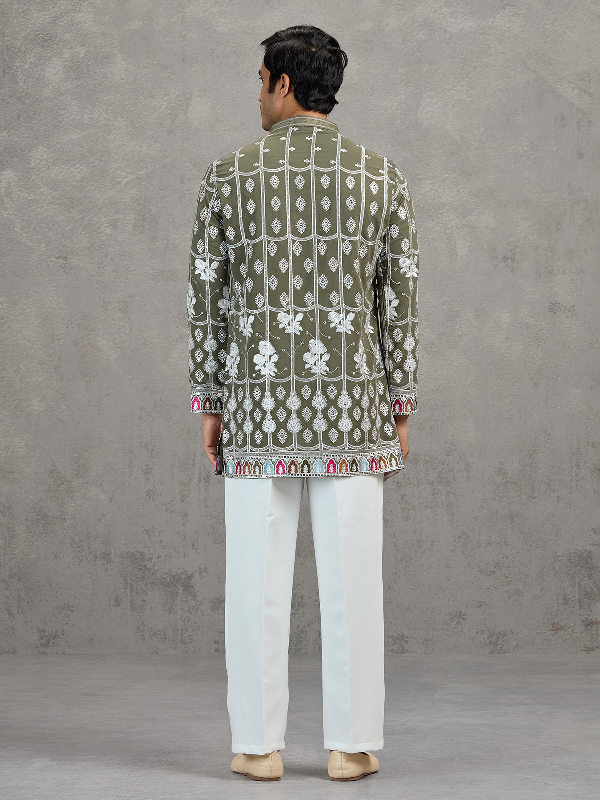 Olive short silk embroidered festive kurta suit