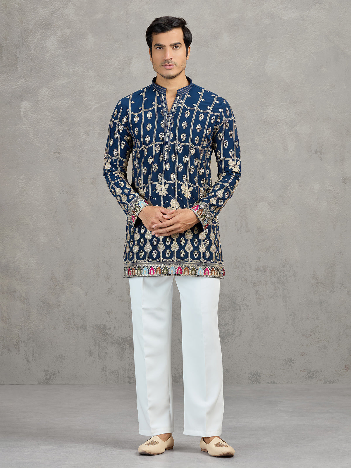 Navy blue short silk embroidered festive kurta suit
