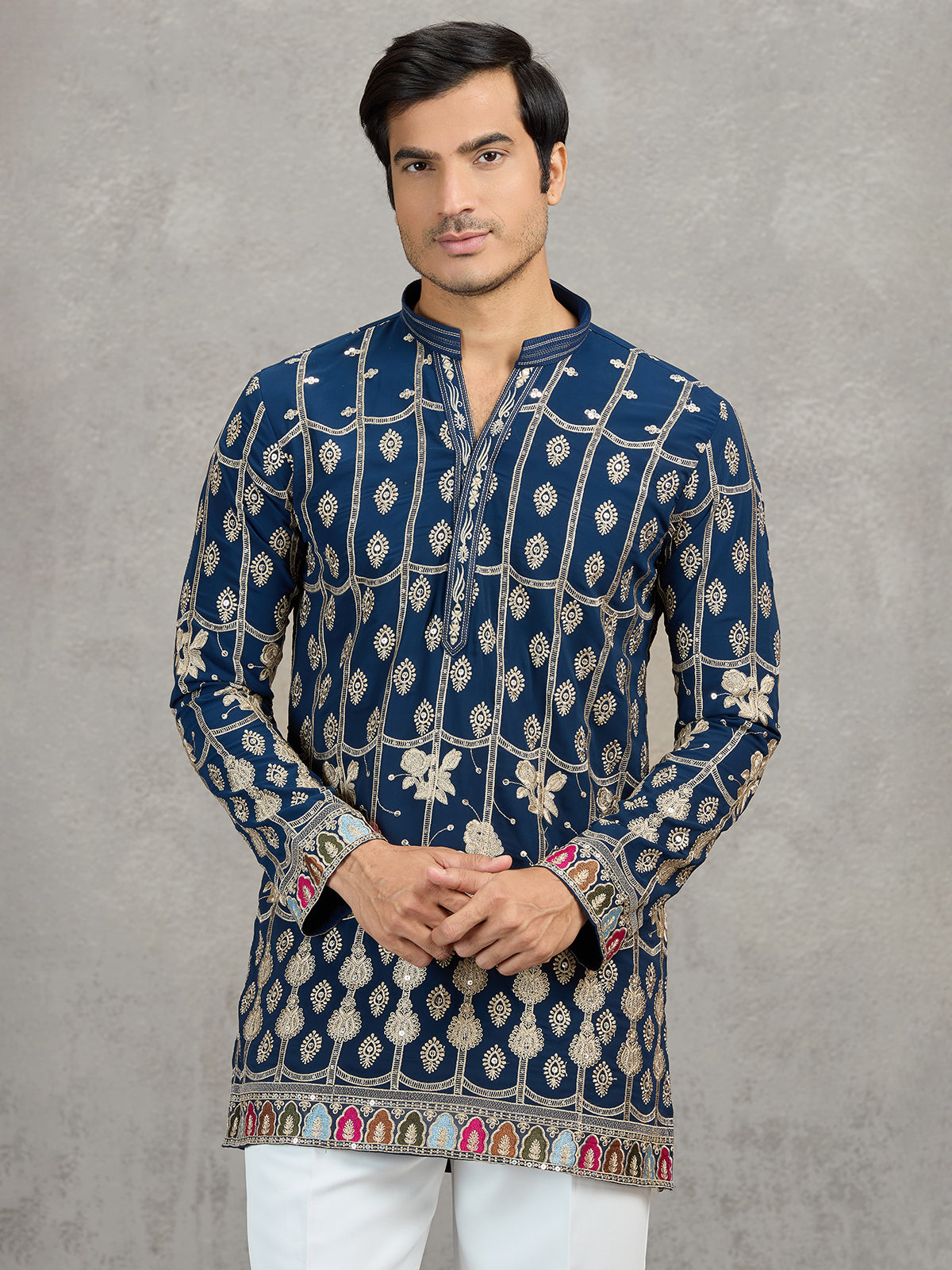 Navy blue short silk embroidered festive kurta suit