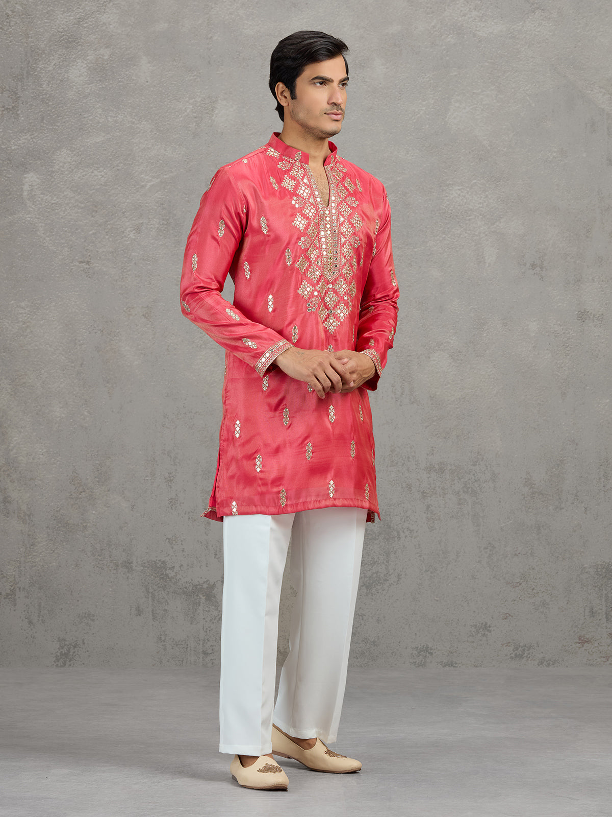 Pastel deep pink tissue embroidered festive kurta suit