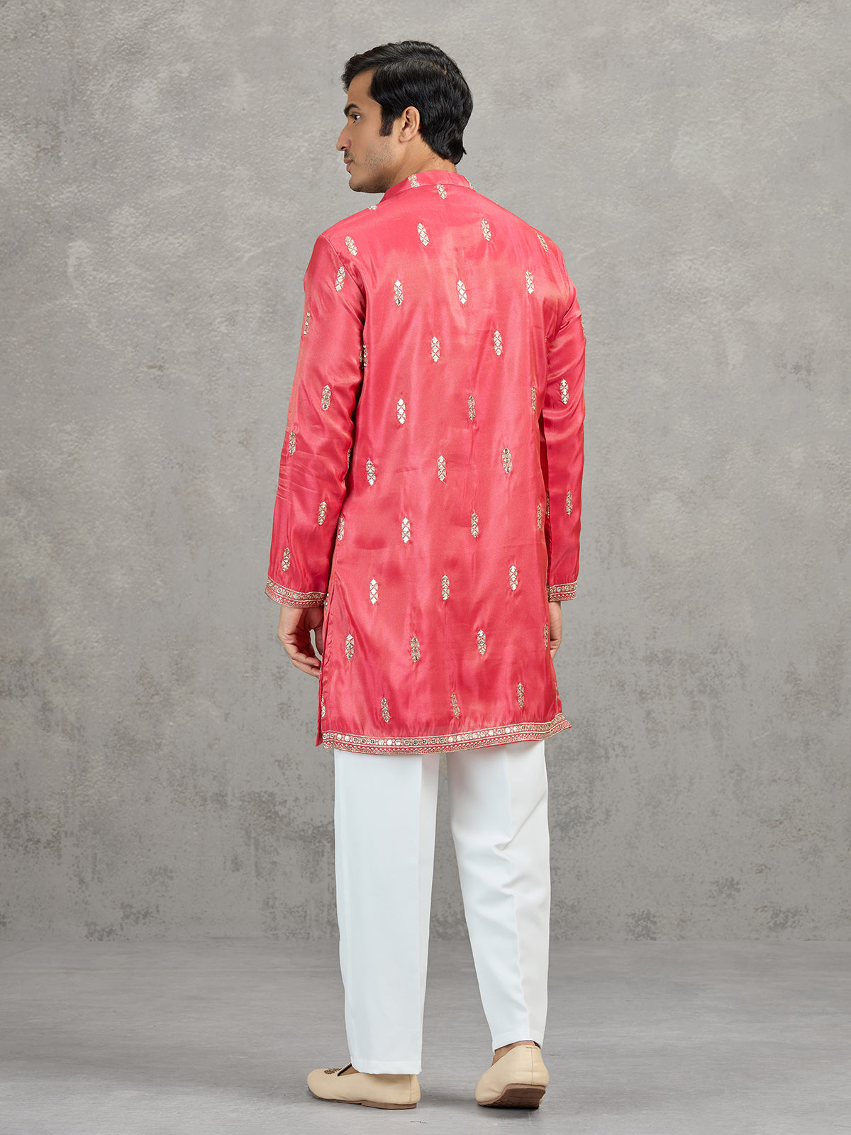 Pastel deep pink tissue embroidered festive kurta suit