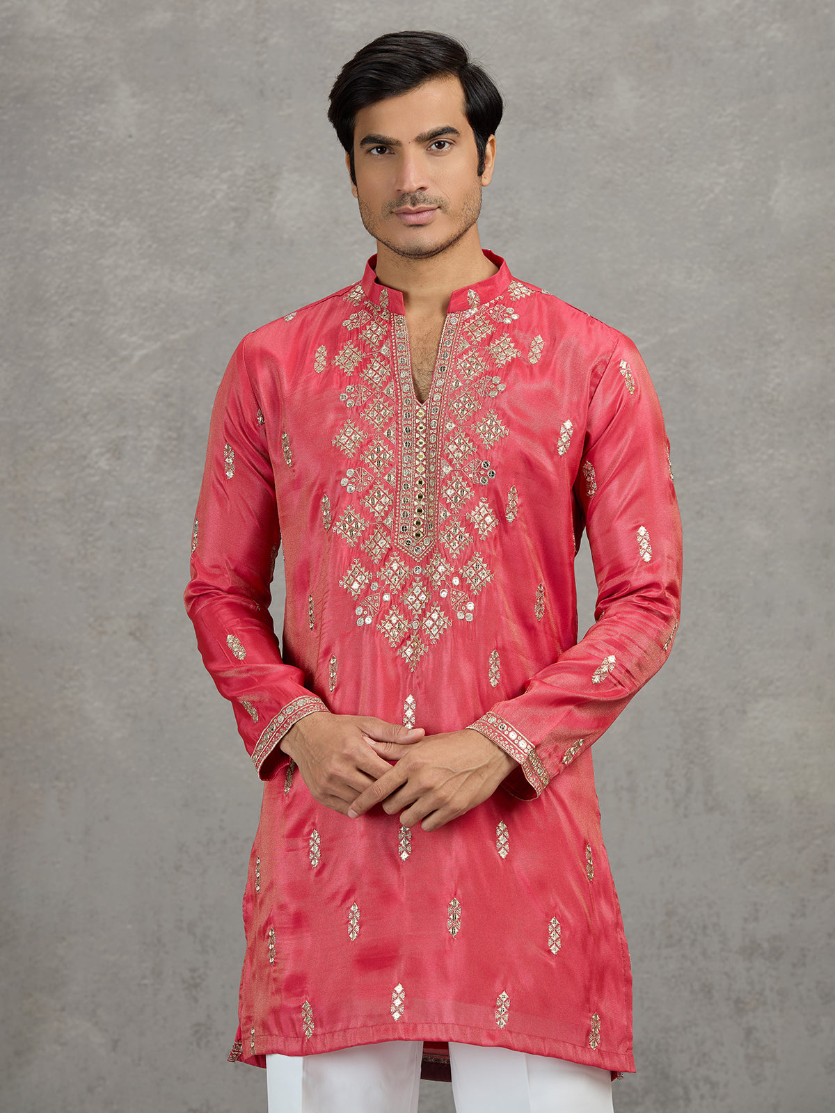 Pastel deep pink tissue embroidered festive kurta suit