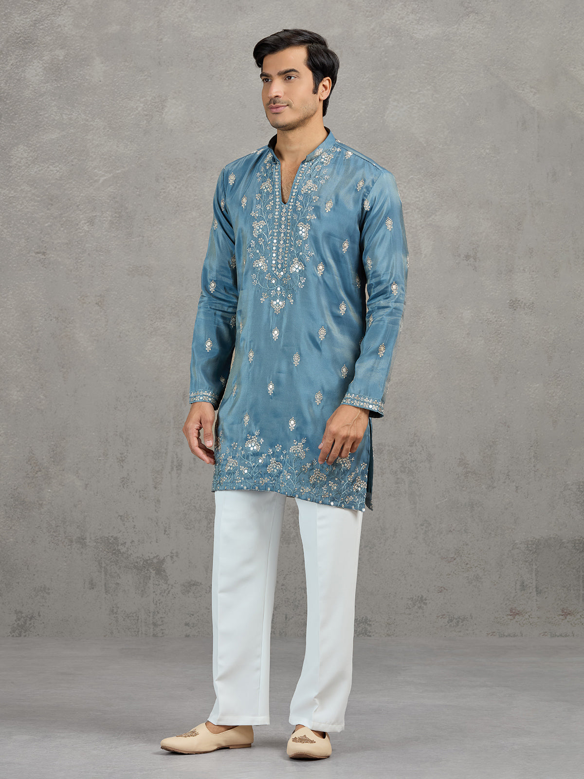 Pastel stone grey tissue embroidered festive kurta suit