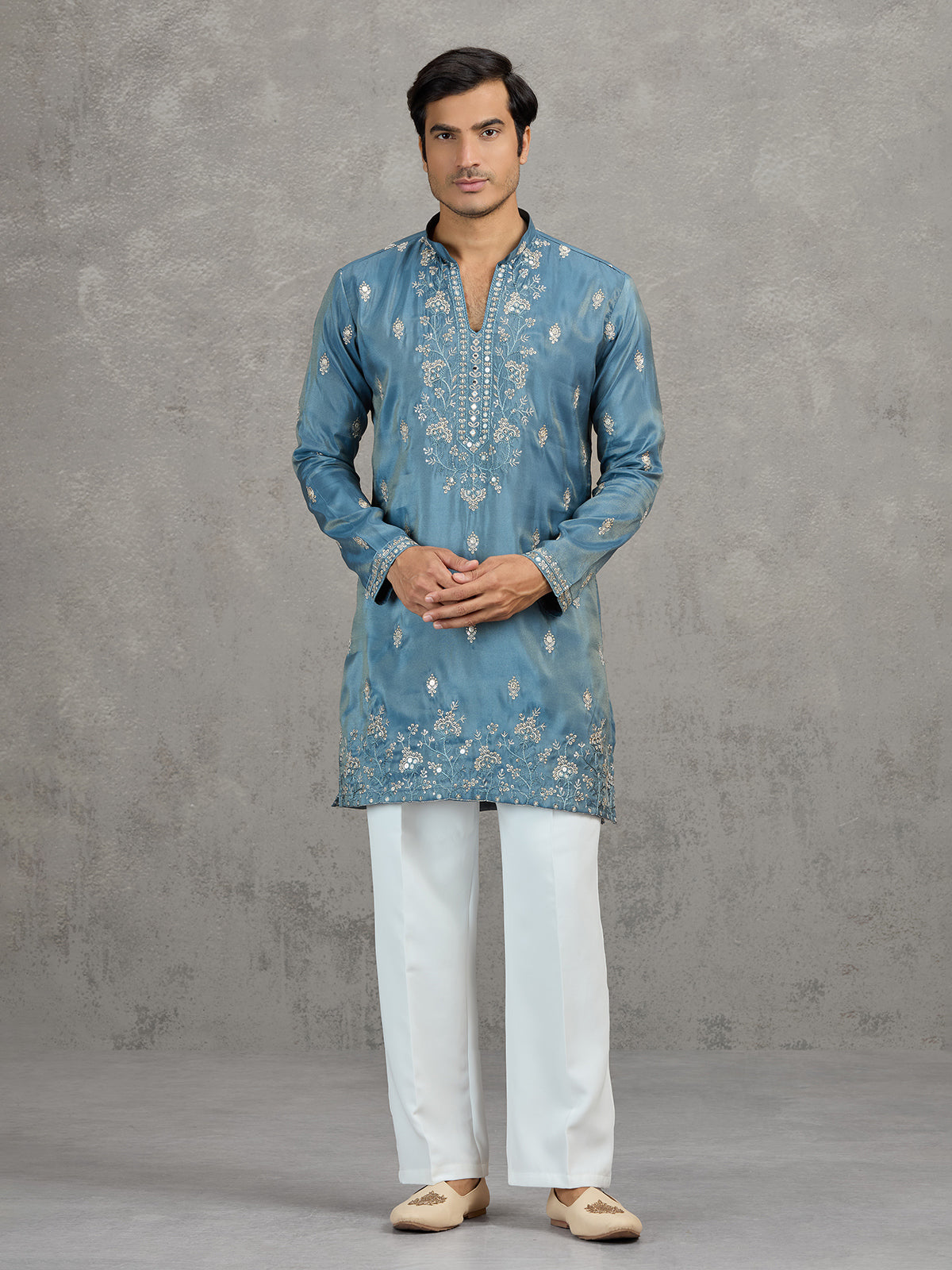 Pastel stone grey tissue embroidered festive kurta suit