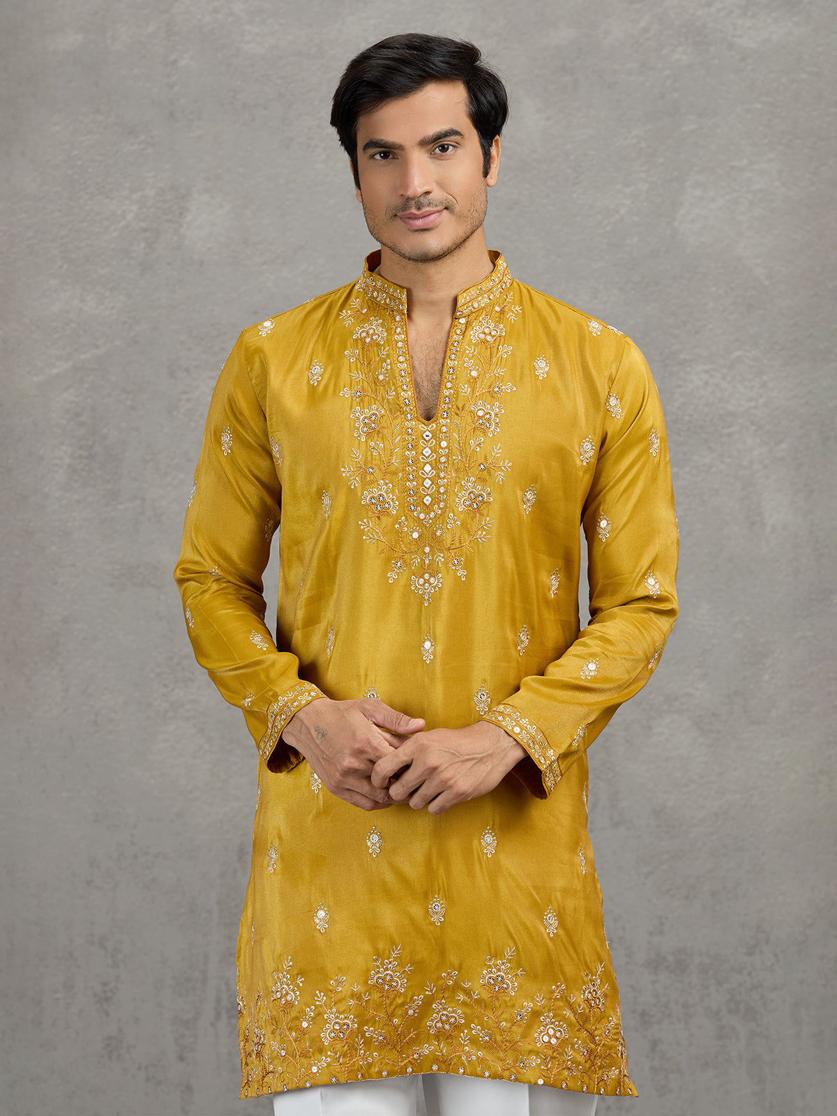 Mustard yellow tissue embroidered festive kurta suit