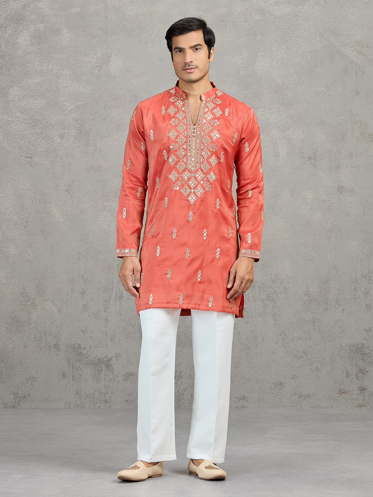 Orange tissue embroidered festive kurta suit