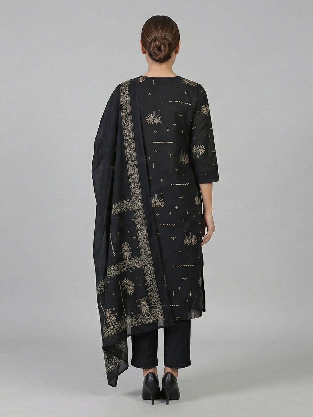 Black silk printed straight cut festive kurti set