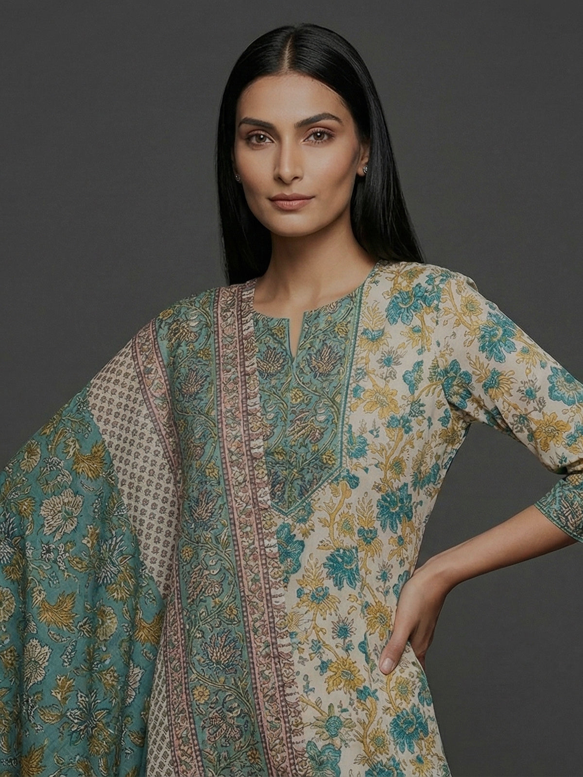 Blue off white cotton silk yoke style festive kurti set