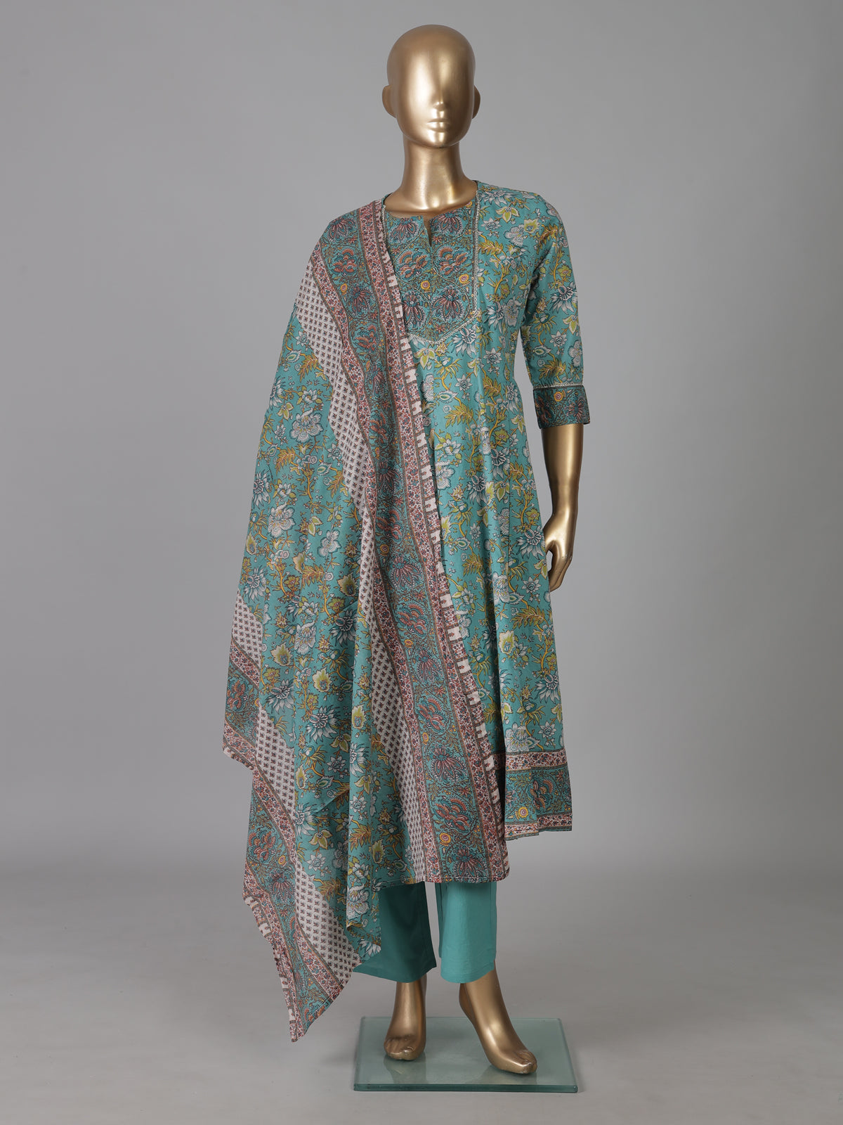 Mint blue cotton silk yoke style printed festive kurti set