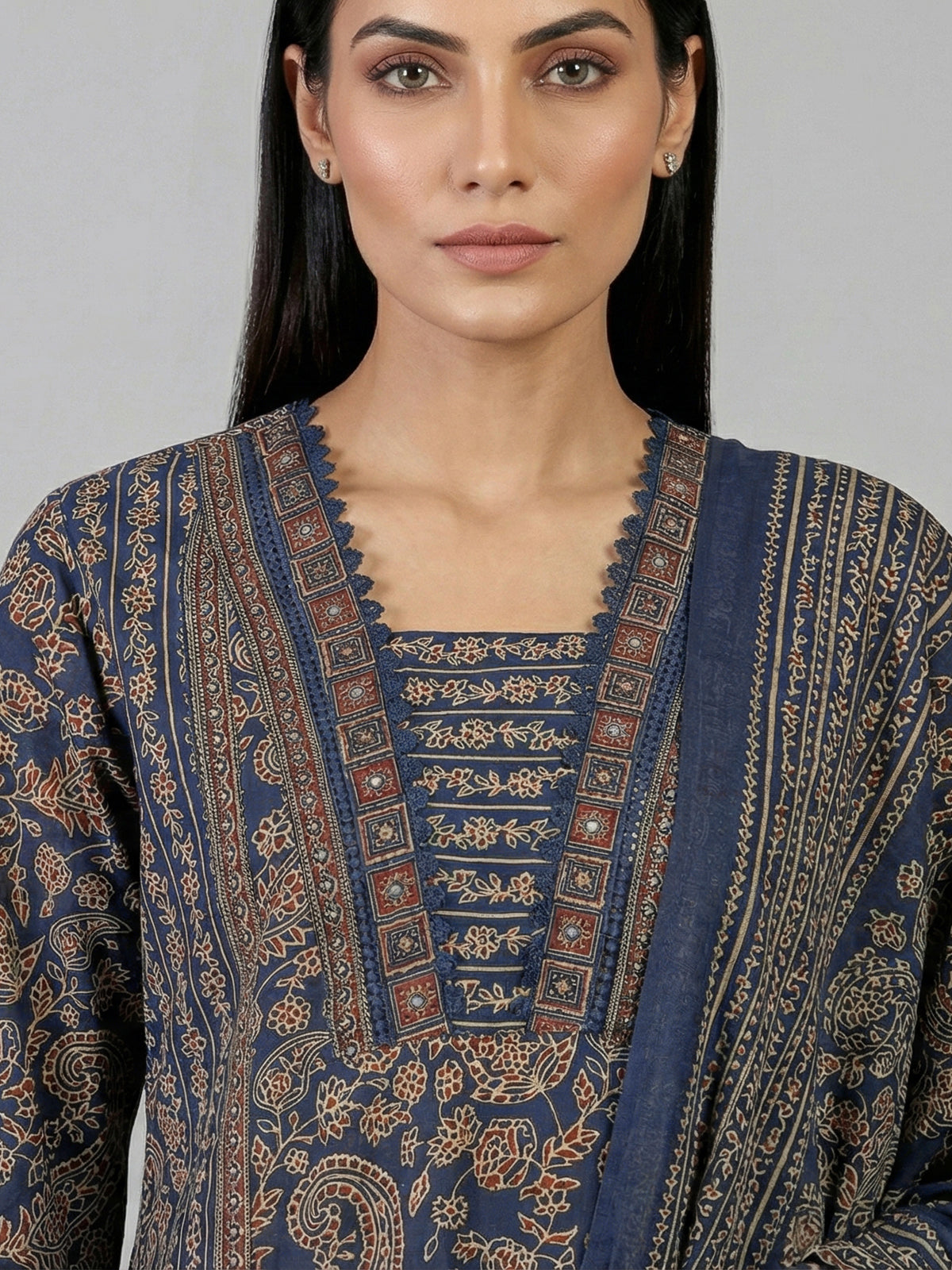 Navy printed cotton kurti set with dupatta for women