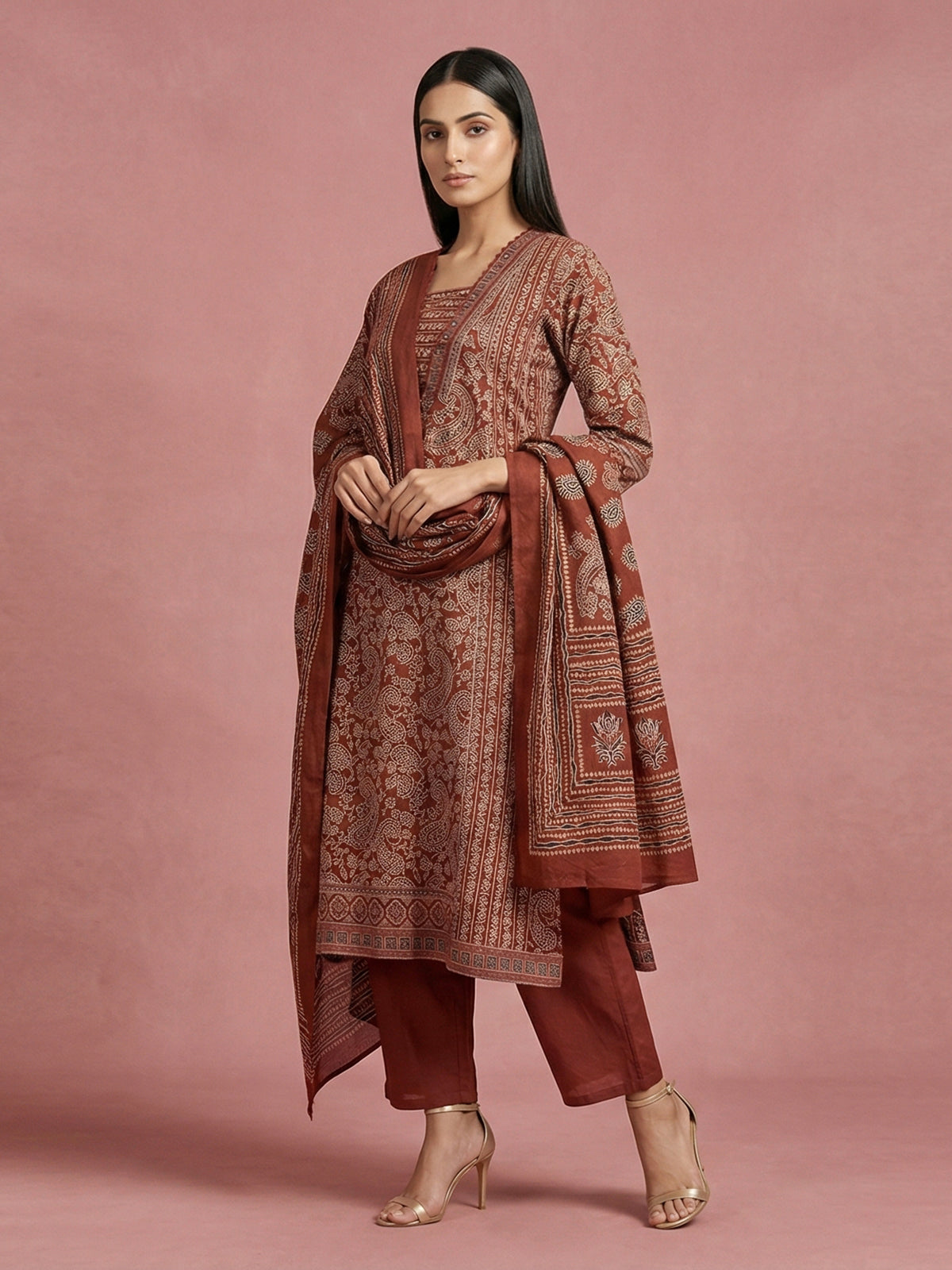 Brown cotton printed kurti set with dupatta