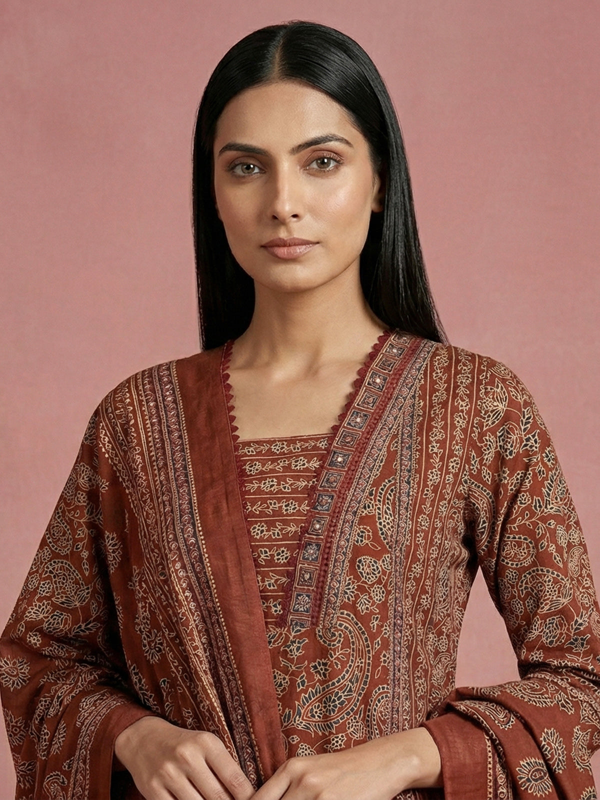 Brown cotton printed kurti set with dupatta