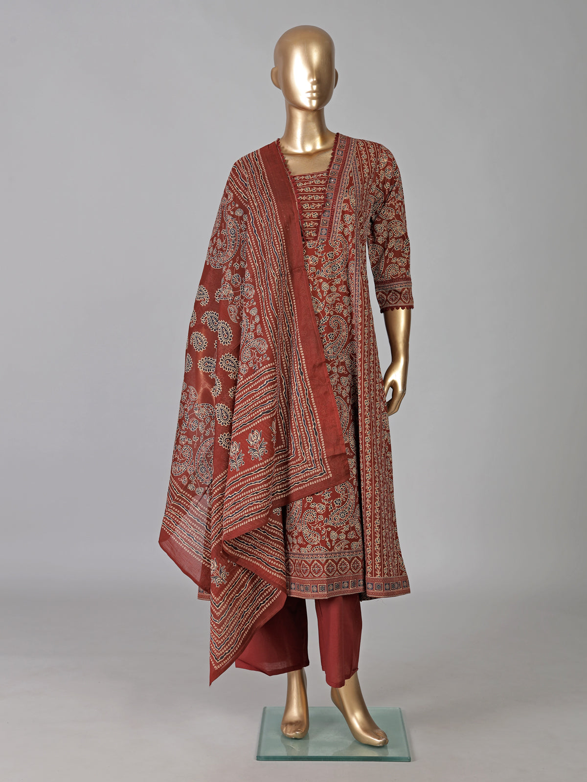 Brown cotton printed kurti set with dupatta