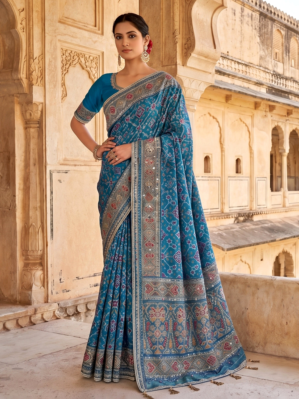 Bright blue art patola silk saree with shimmering embellishments