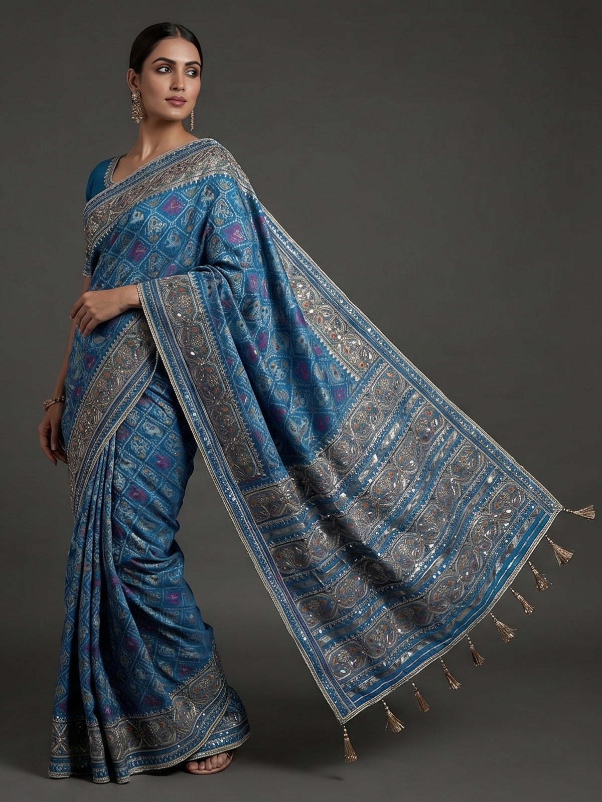 Blue art patola silk saree with ajrakh inspired motifs